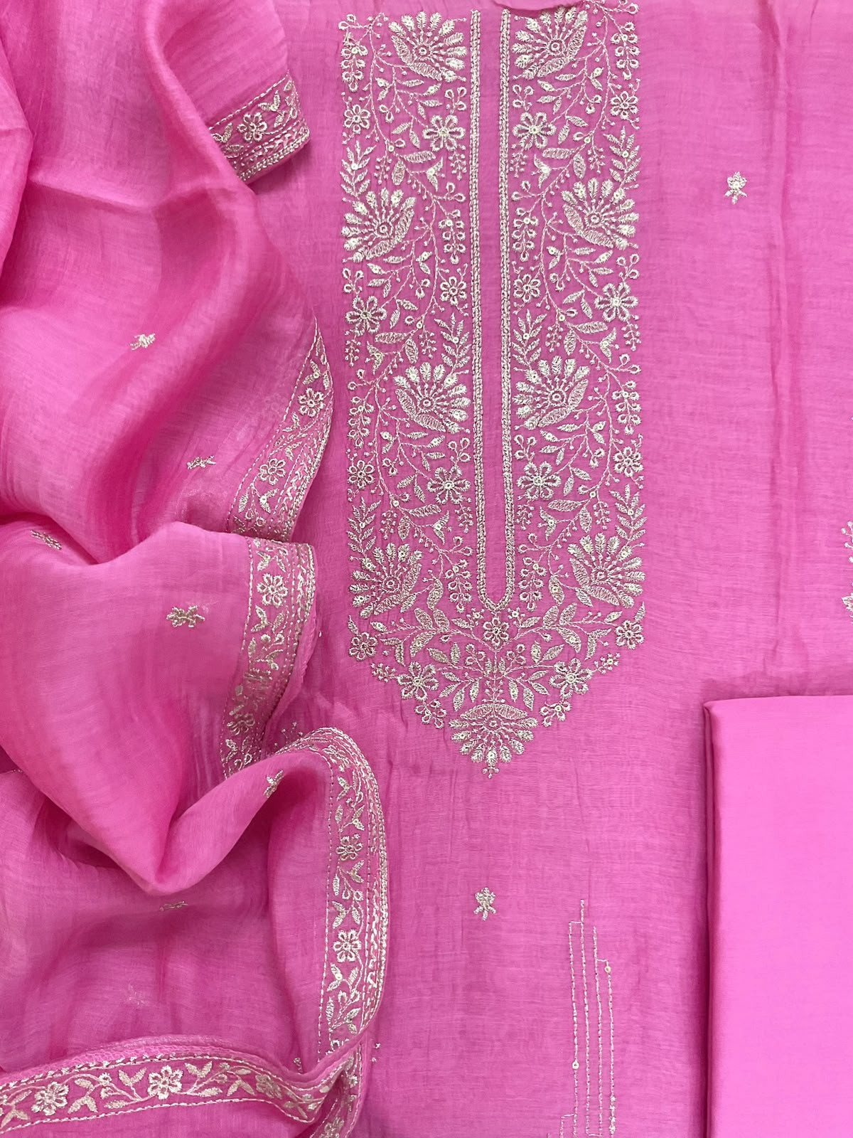 Pure Mul Chanderi Embroidered Suit - Pink
