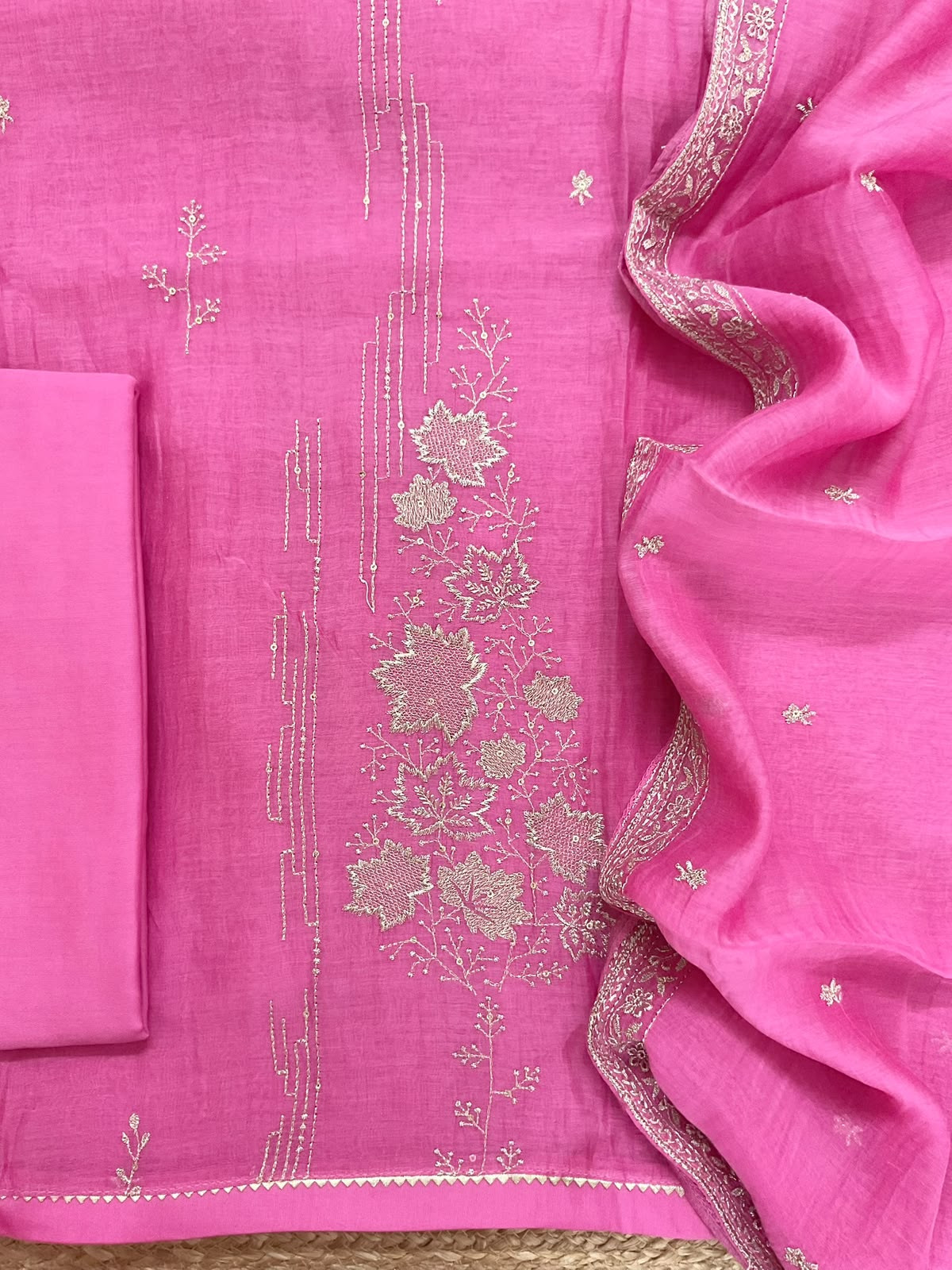 Pure Mul Chanderi Embroidered Suit - Pink