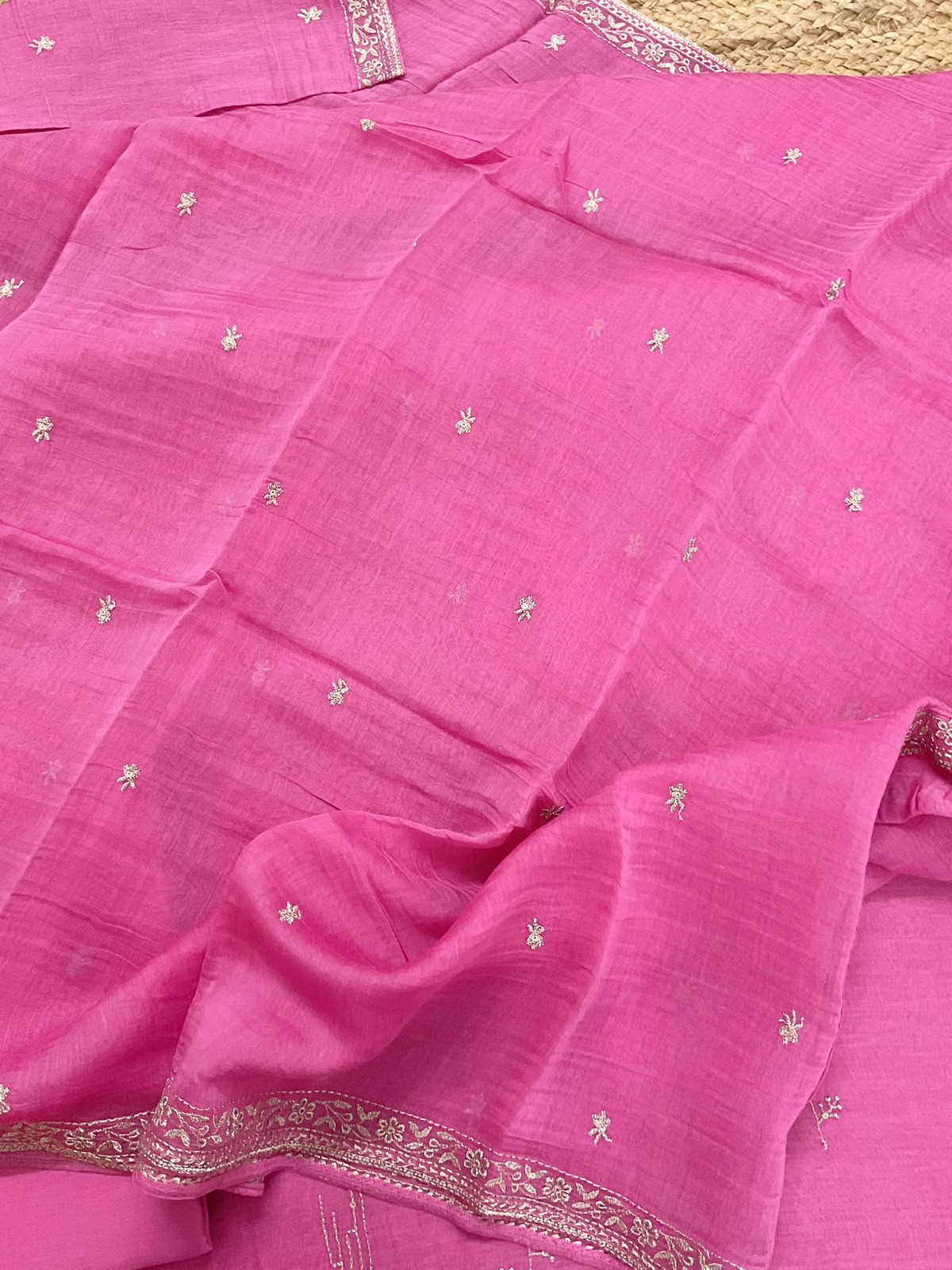 Pure Mul Chanderi Embroidered Suit - Pink