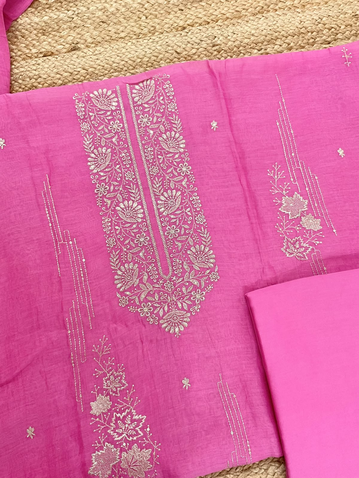 Pure Mul Chanderi Embroidered Suit - Pink