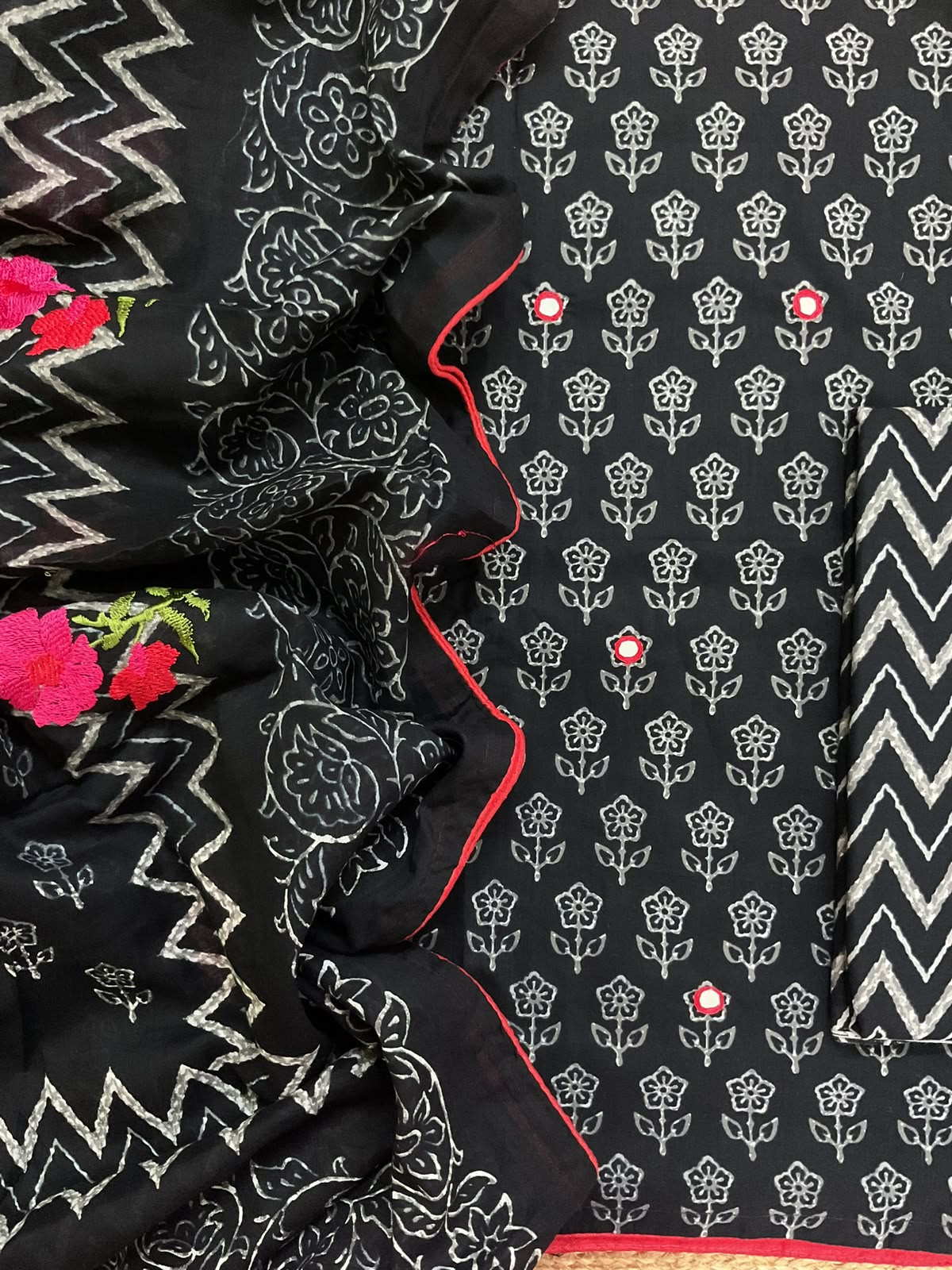 Pure Cotton Printed Embroidered Suit - Black
