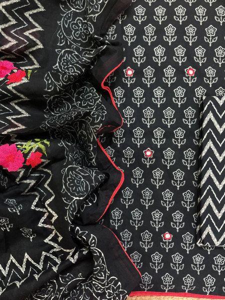 Image of Pure Cotton Printed Embroidered Suit - Black