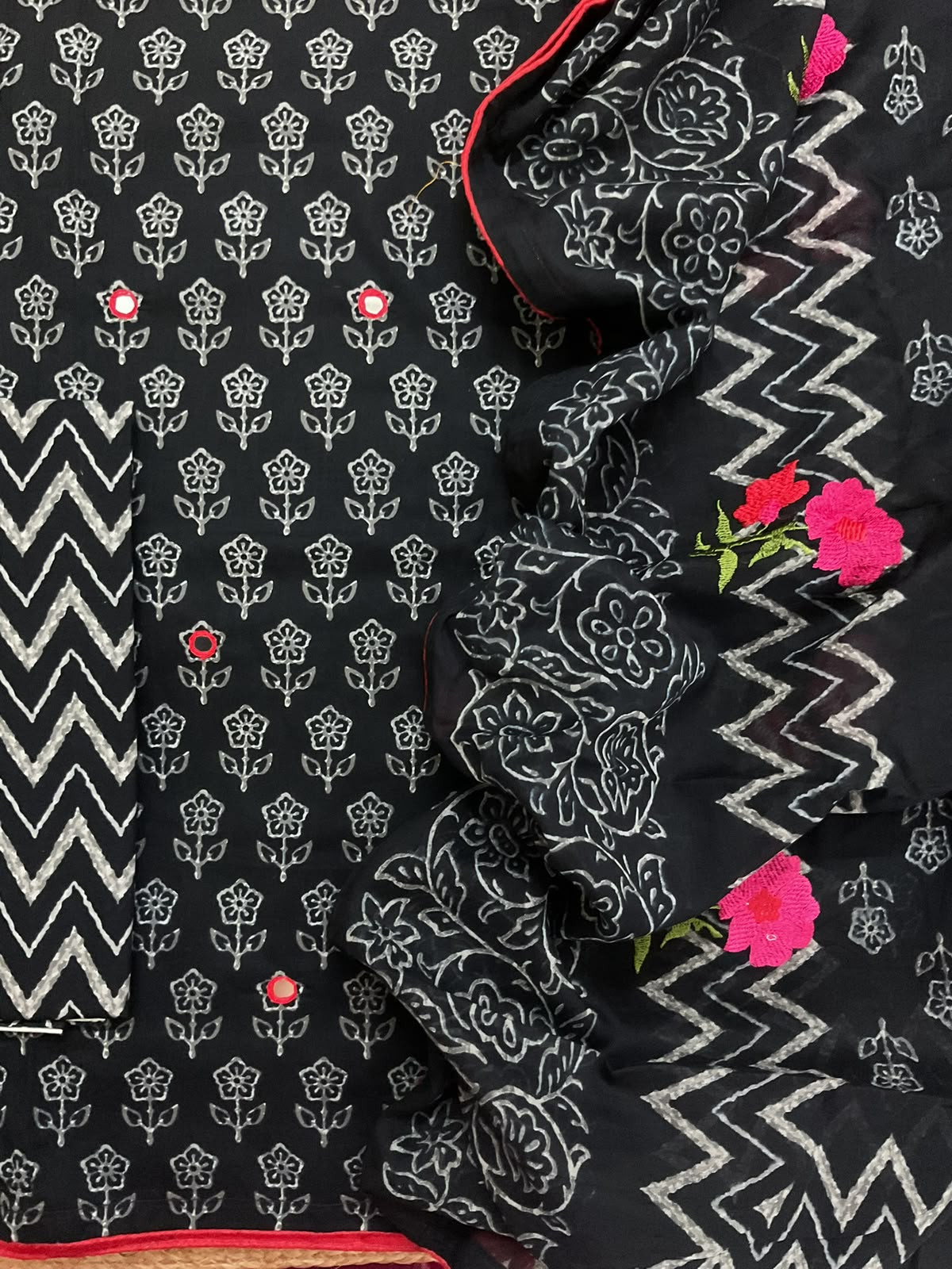 Pure Cotton Printed Embroidered Suit - Black