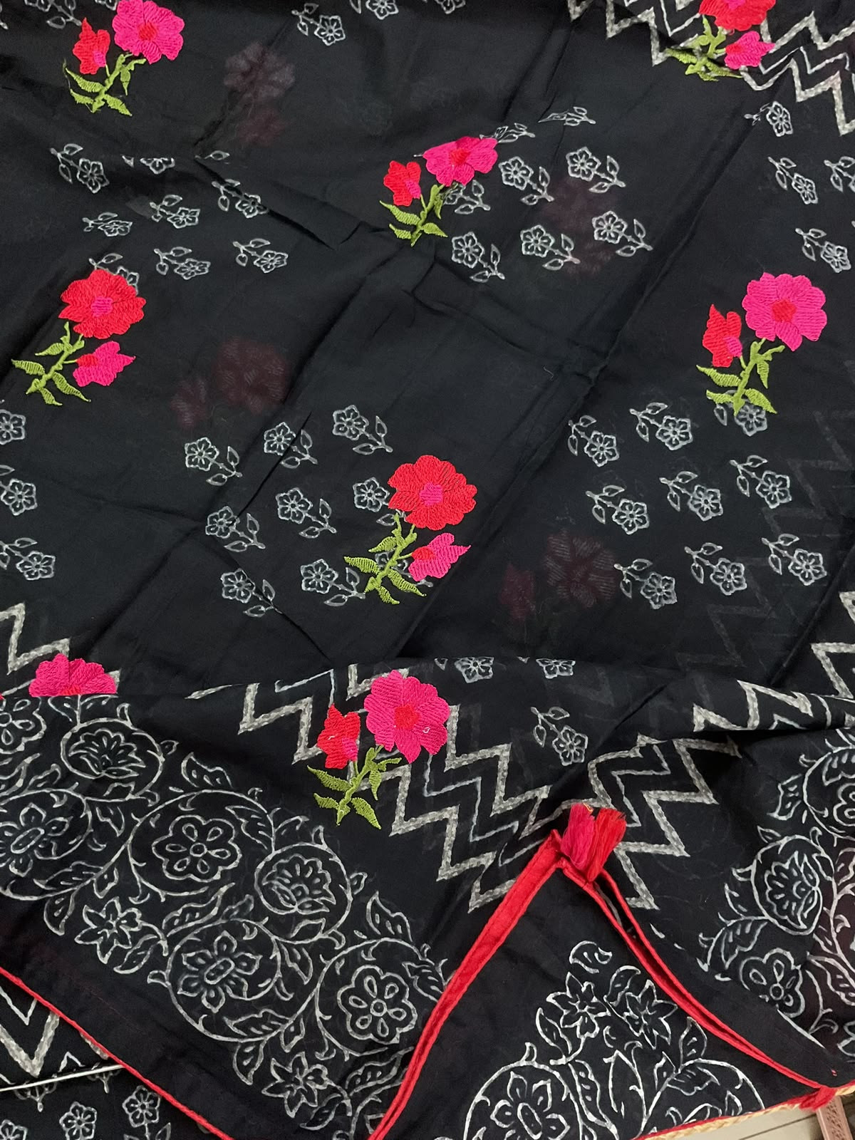 Pure Cotton Printed Embroidered Suit - Black