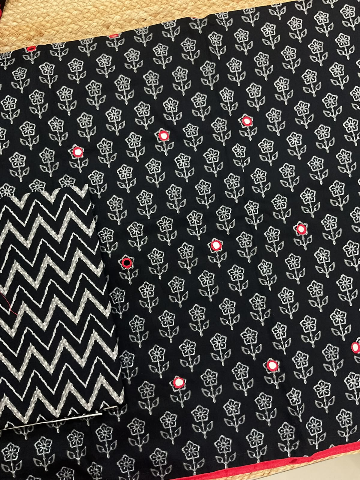 Pure Cotton Printed Embroidered Suit - Black