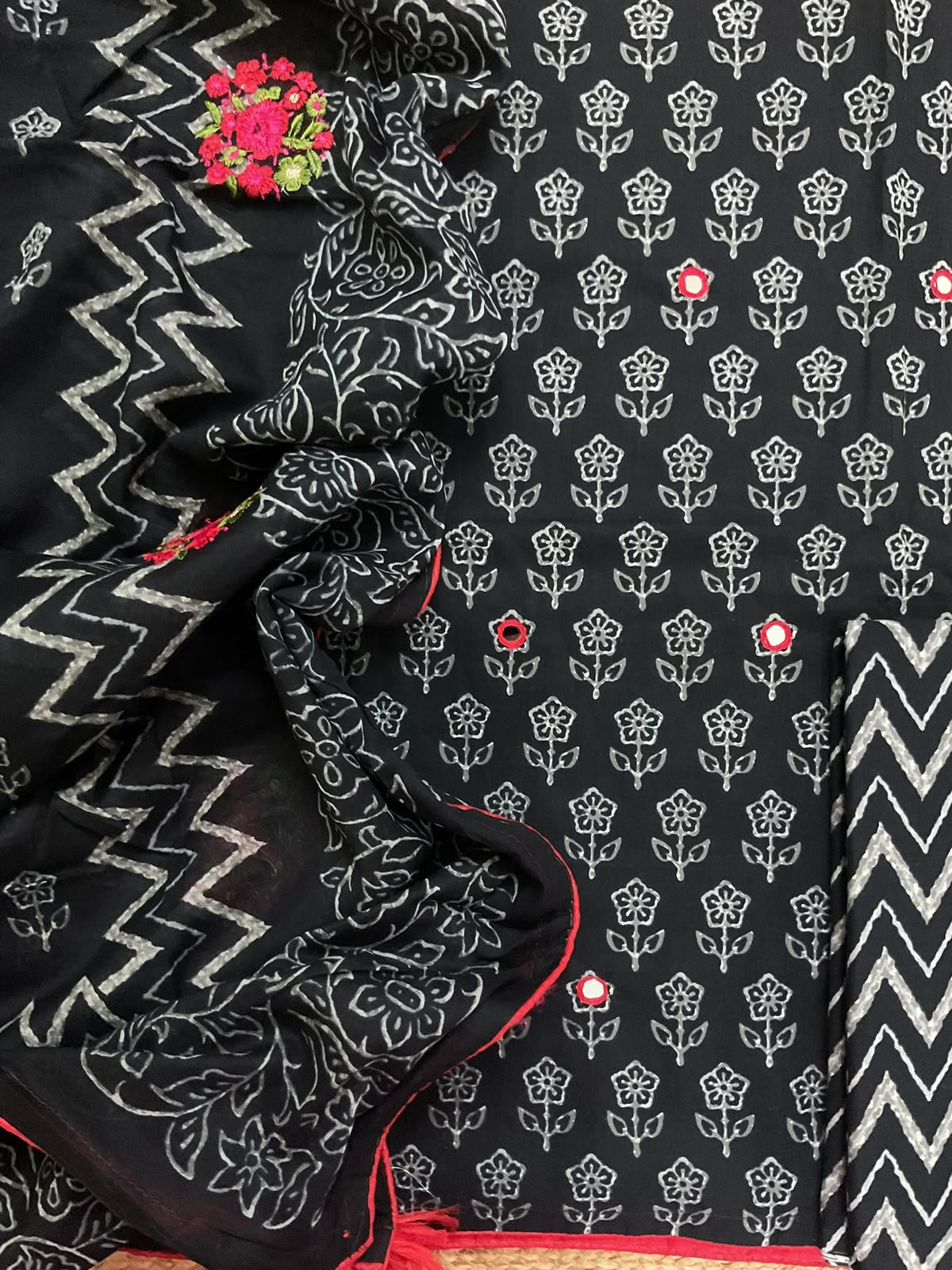 Pure Cotton Printed Embroidered Suit - Black