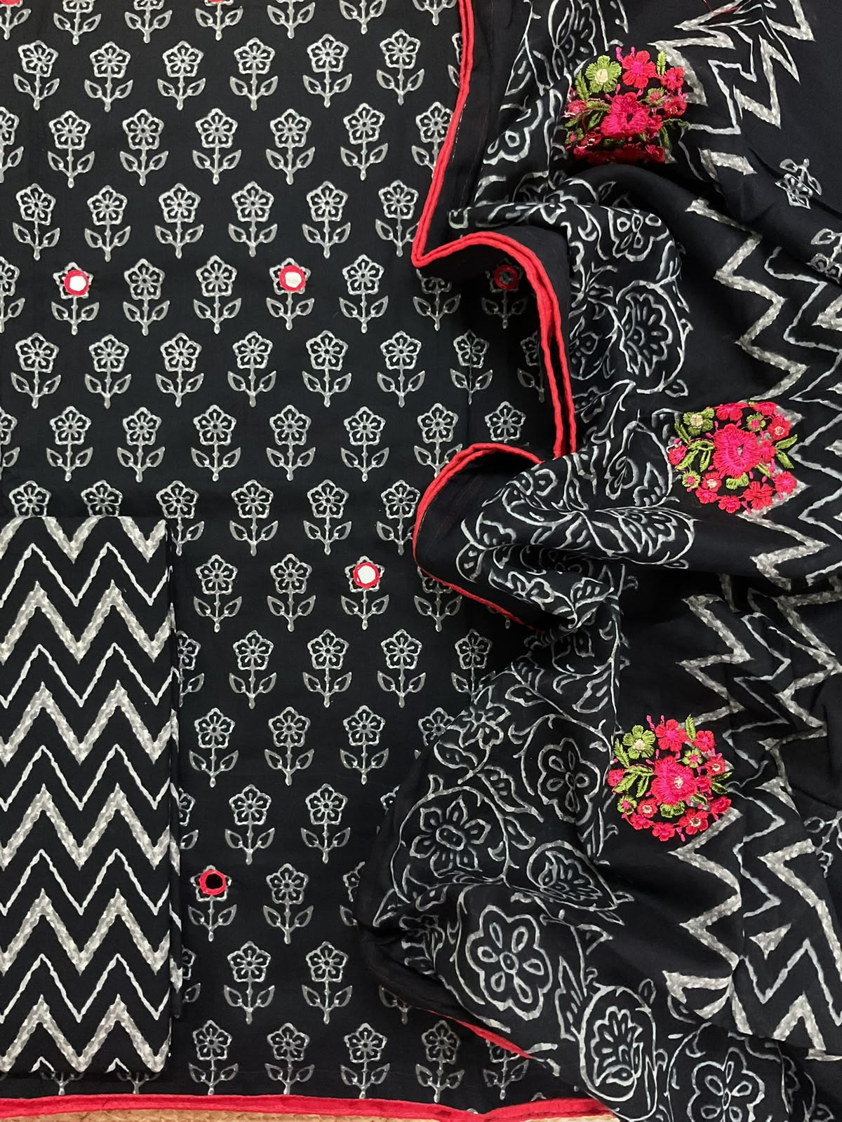 Pure Cotton Printed Embroidered Suit - Black