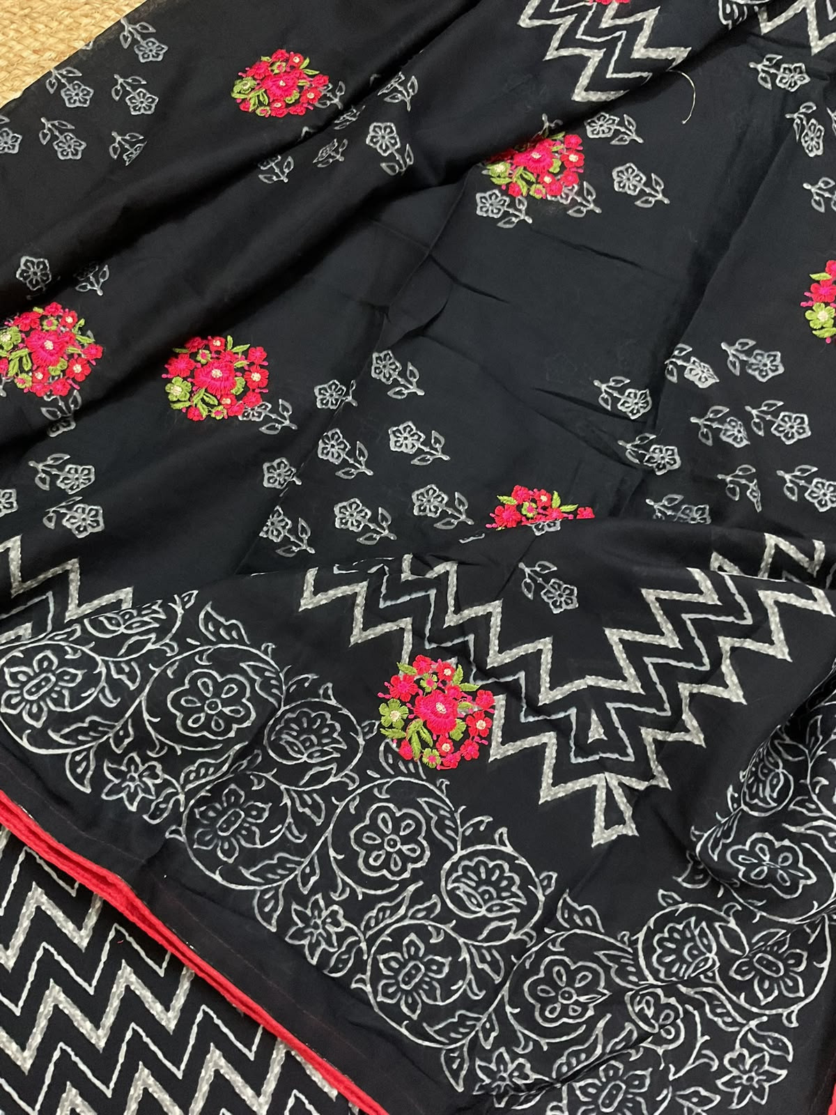 Pure Cotton Printed Embroidered Suit - Black
