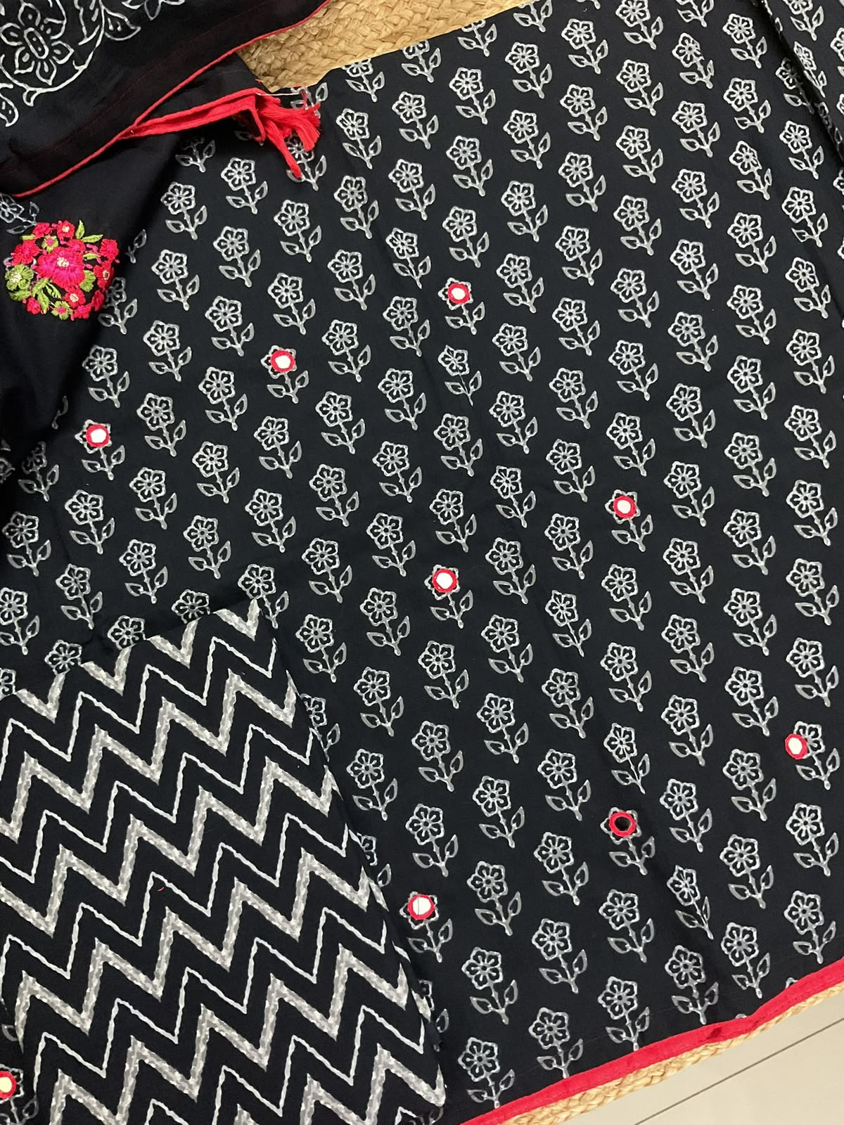 Pure Cotton Printed Embroidered Suit - Black