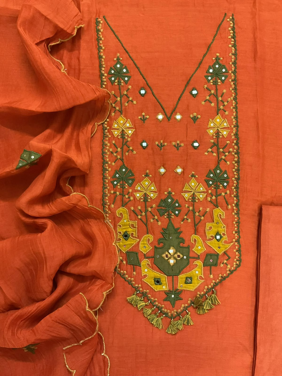 Pure Mul Chanderi Embroidered Suit - Orange