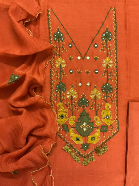 Image of Pure Mul Chanderi Embroidered Suit - Orange