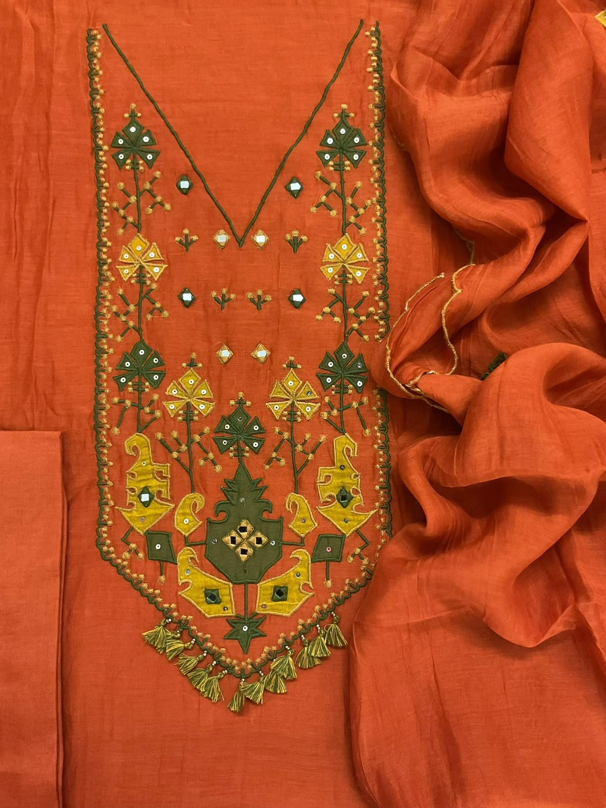 Pure Mul Chanderi Embroidered Suit - Orange