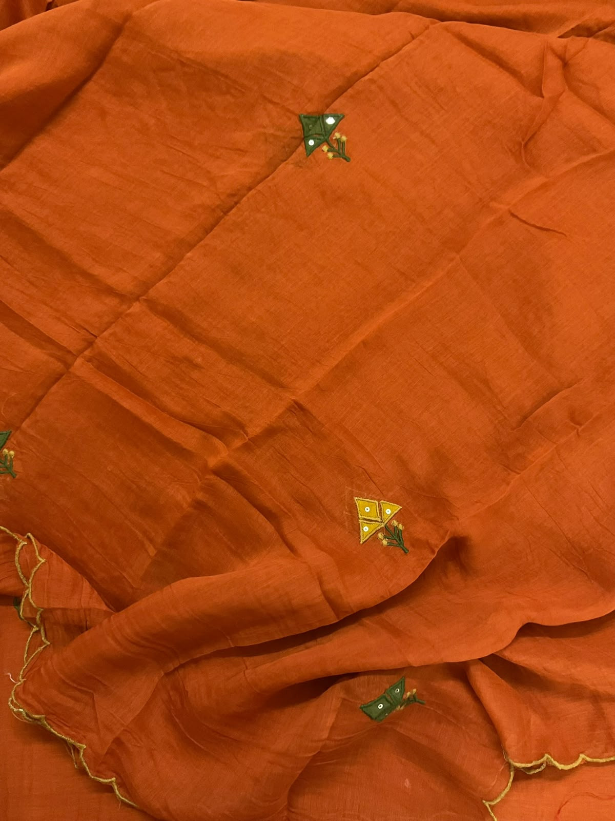 Pure Mul Chanderi Embroidered Suit - Orange