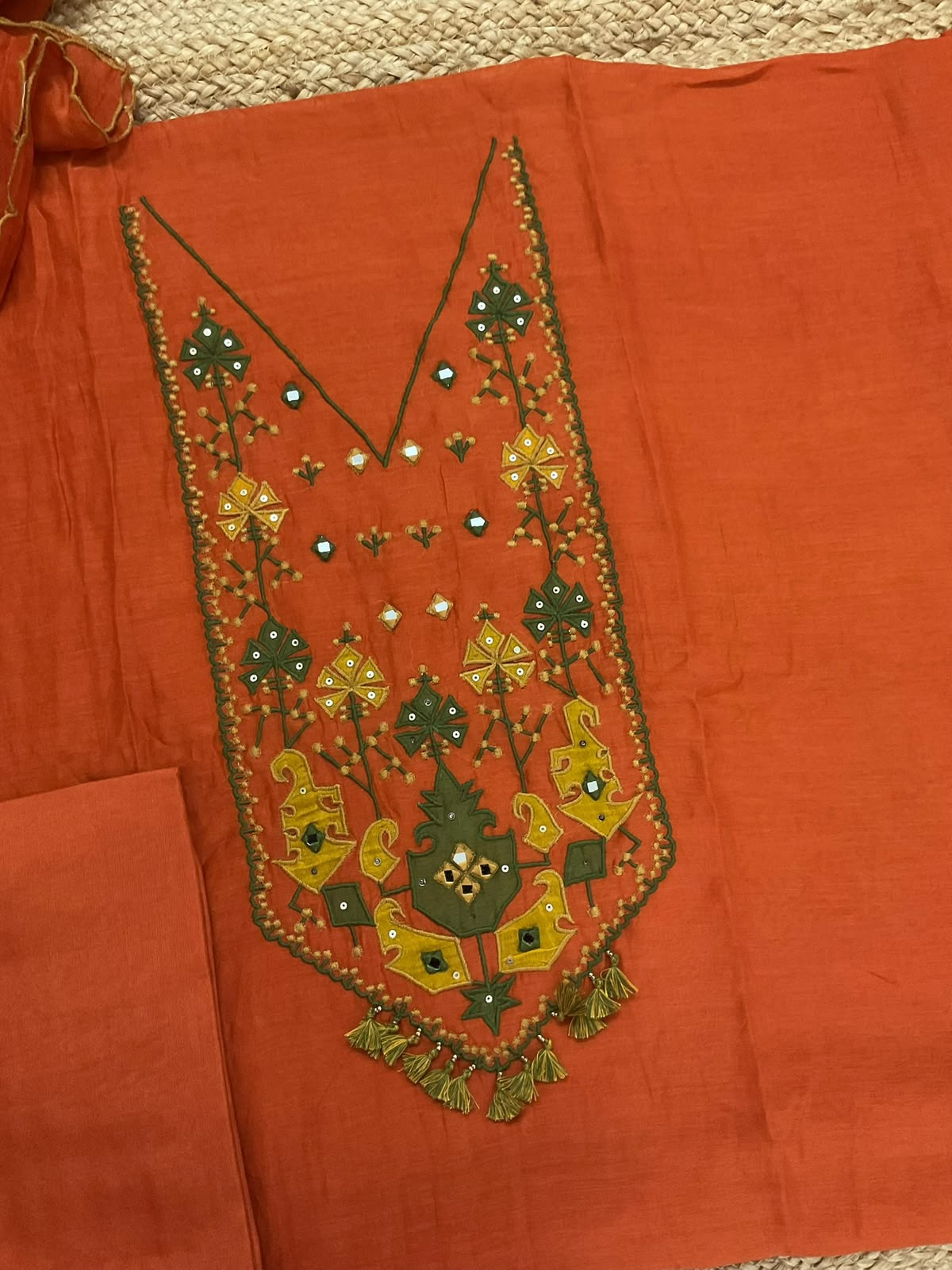 Pure Mul Chanderi Embroidered Suit - Orange