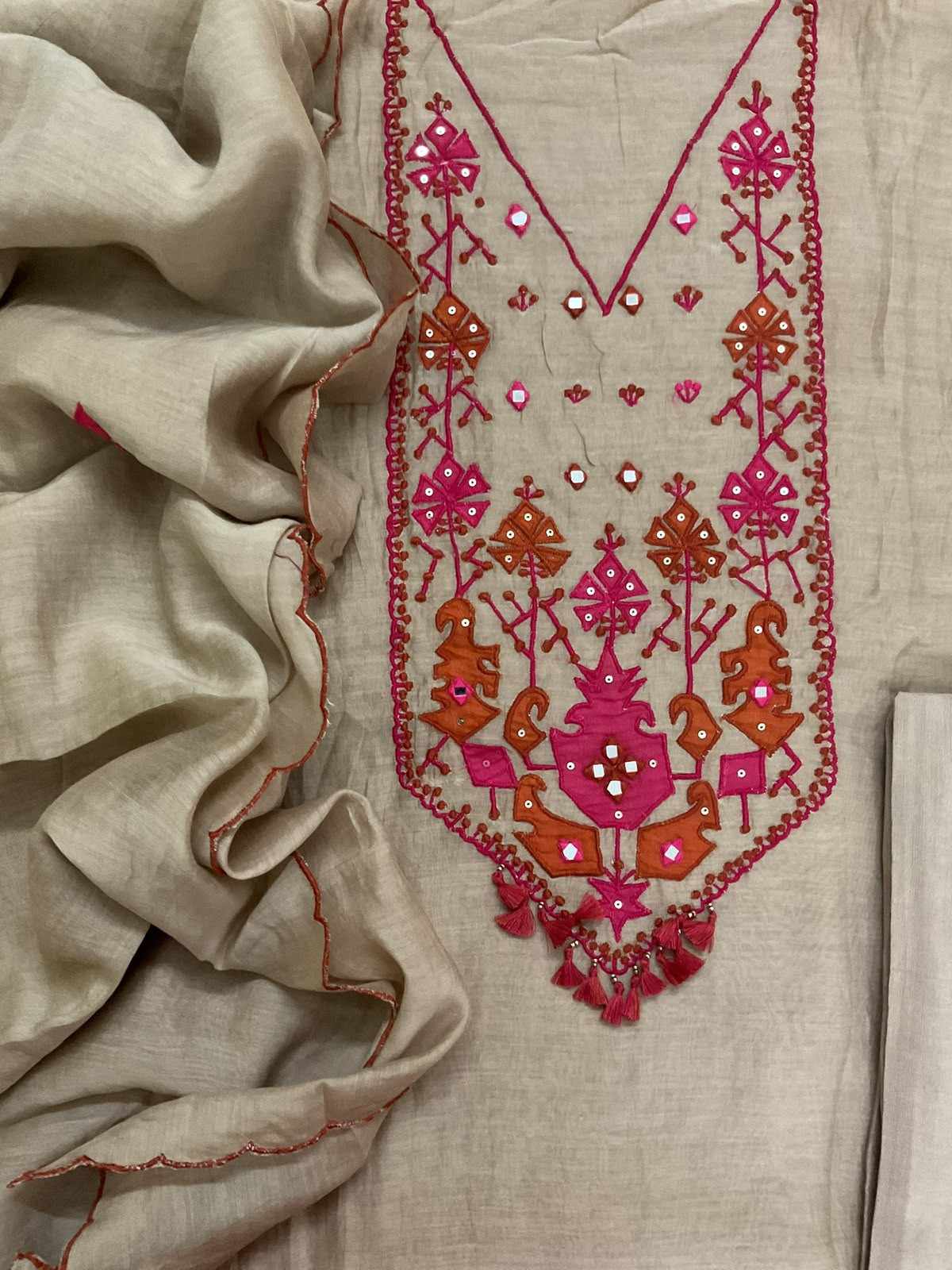 Pure Mul Chanderi Embroidered Suit - Beige