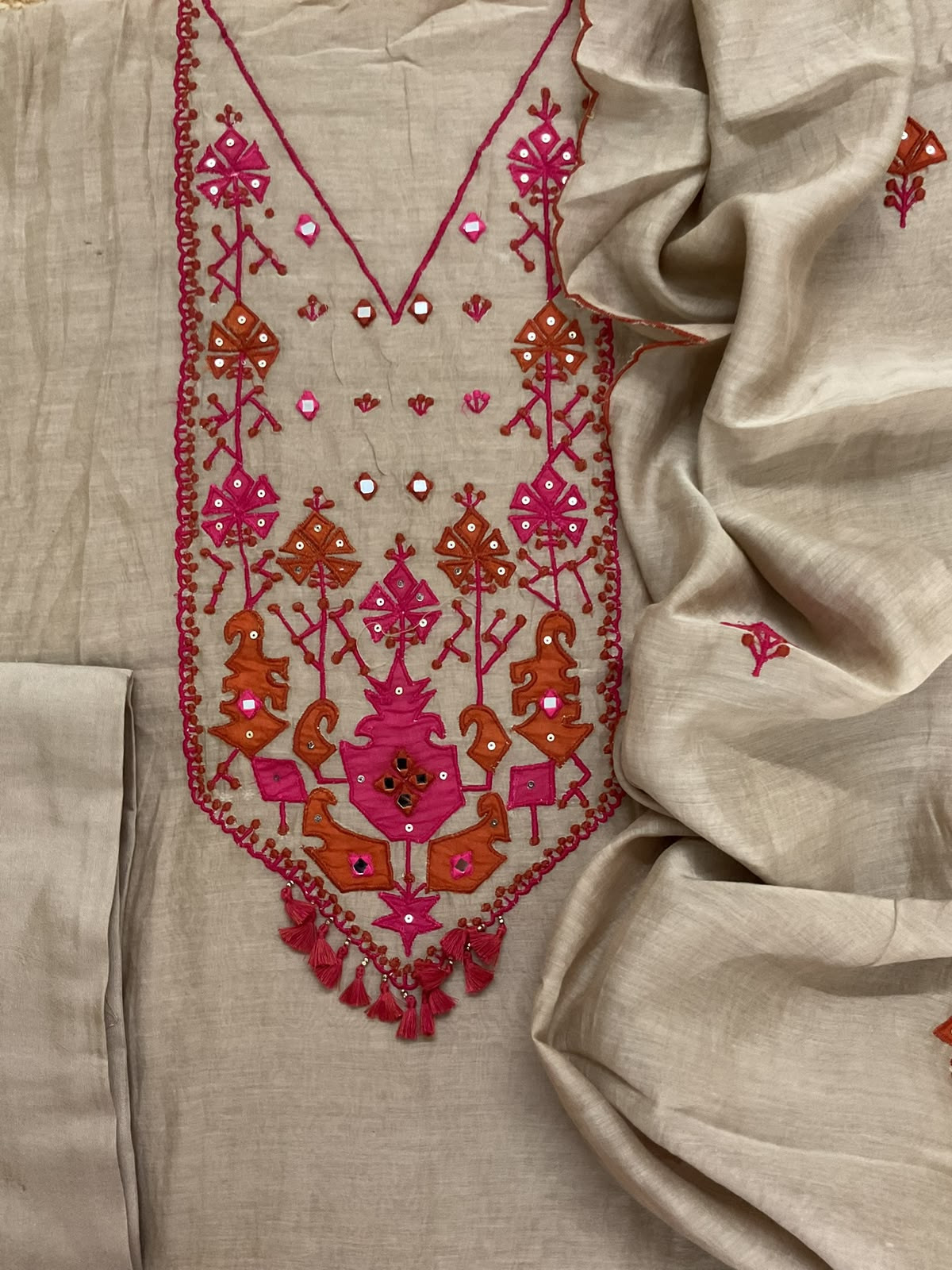 Pure Mul Chanderi Embroidered Suit - Beige