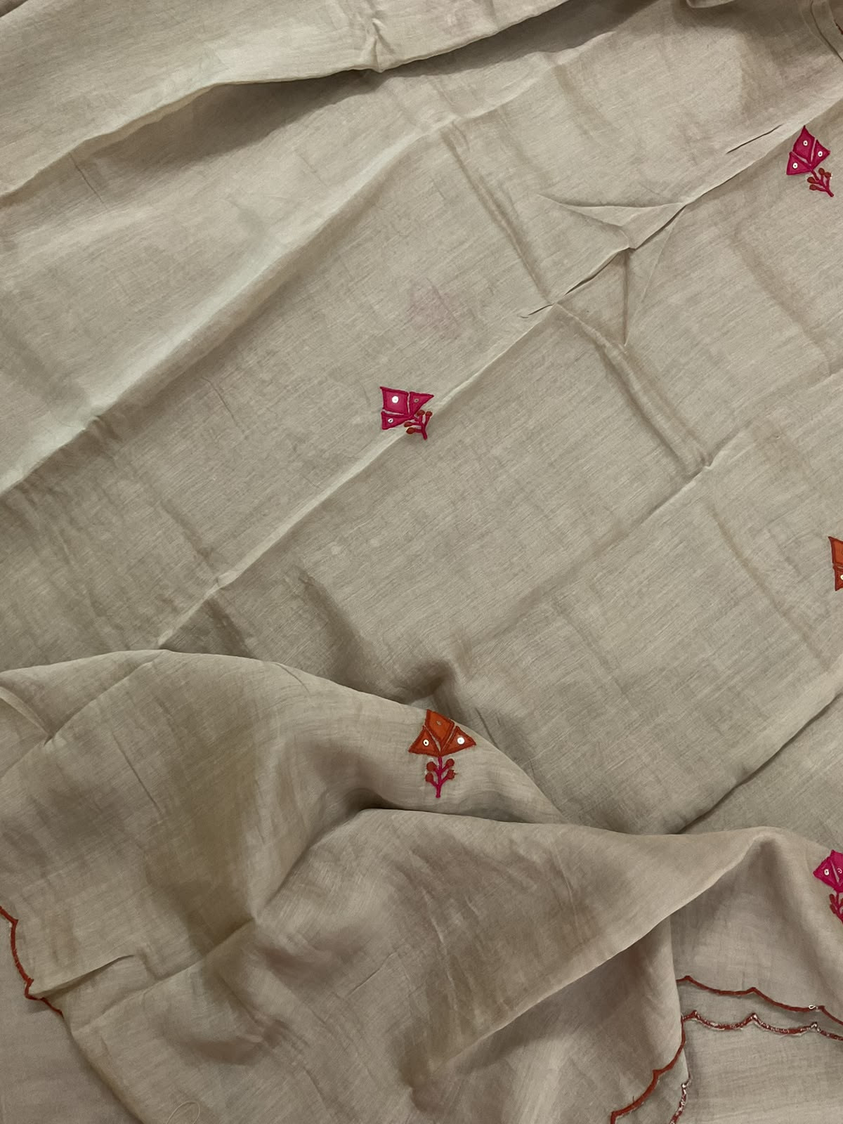 Pure Mul Chanderi Embroidered Suit - Beige