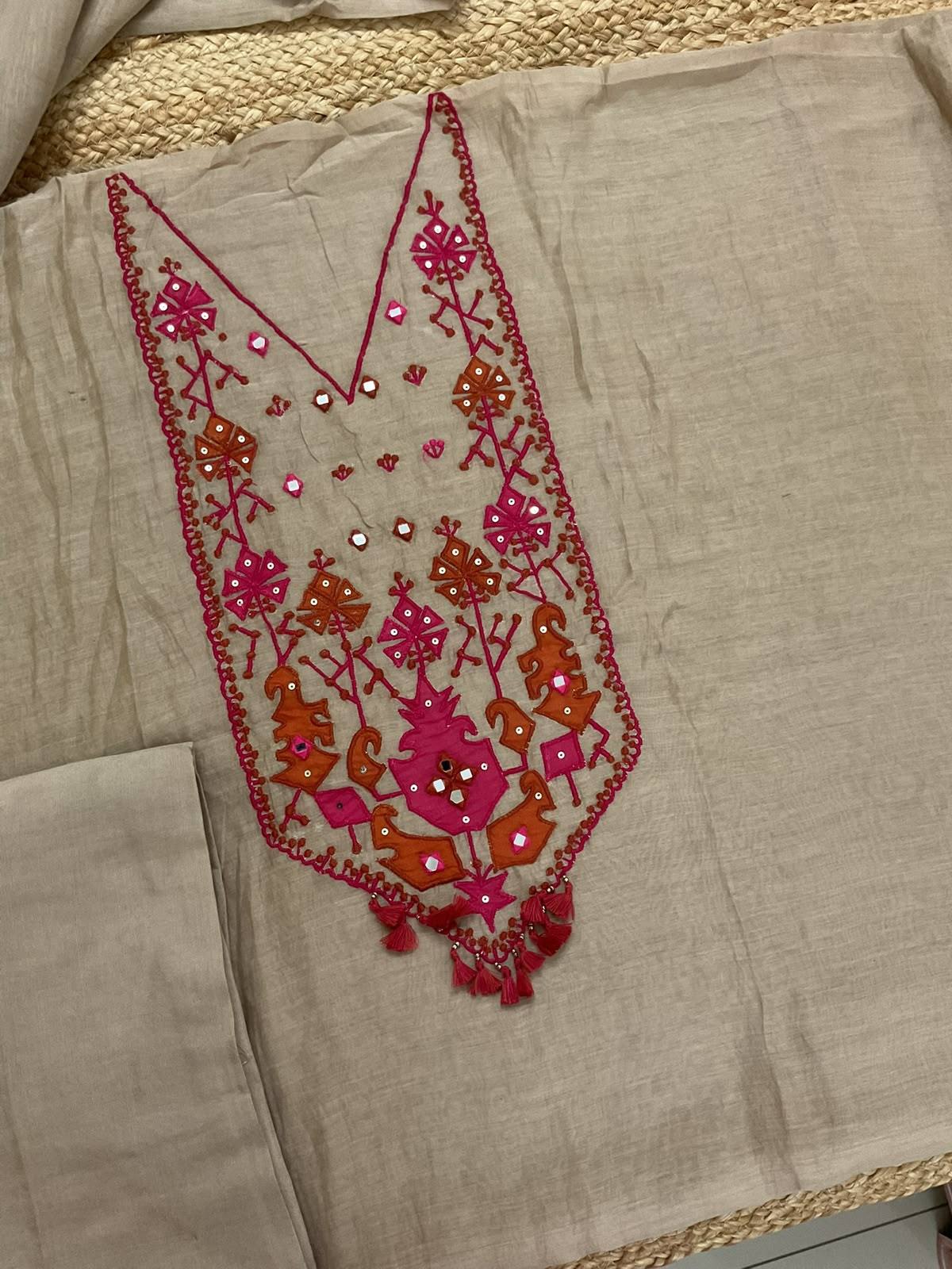 Pure Mul Chanderi Embroidered Suit - Beige