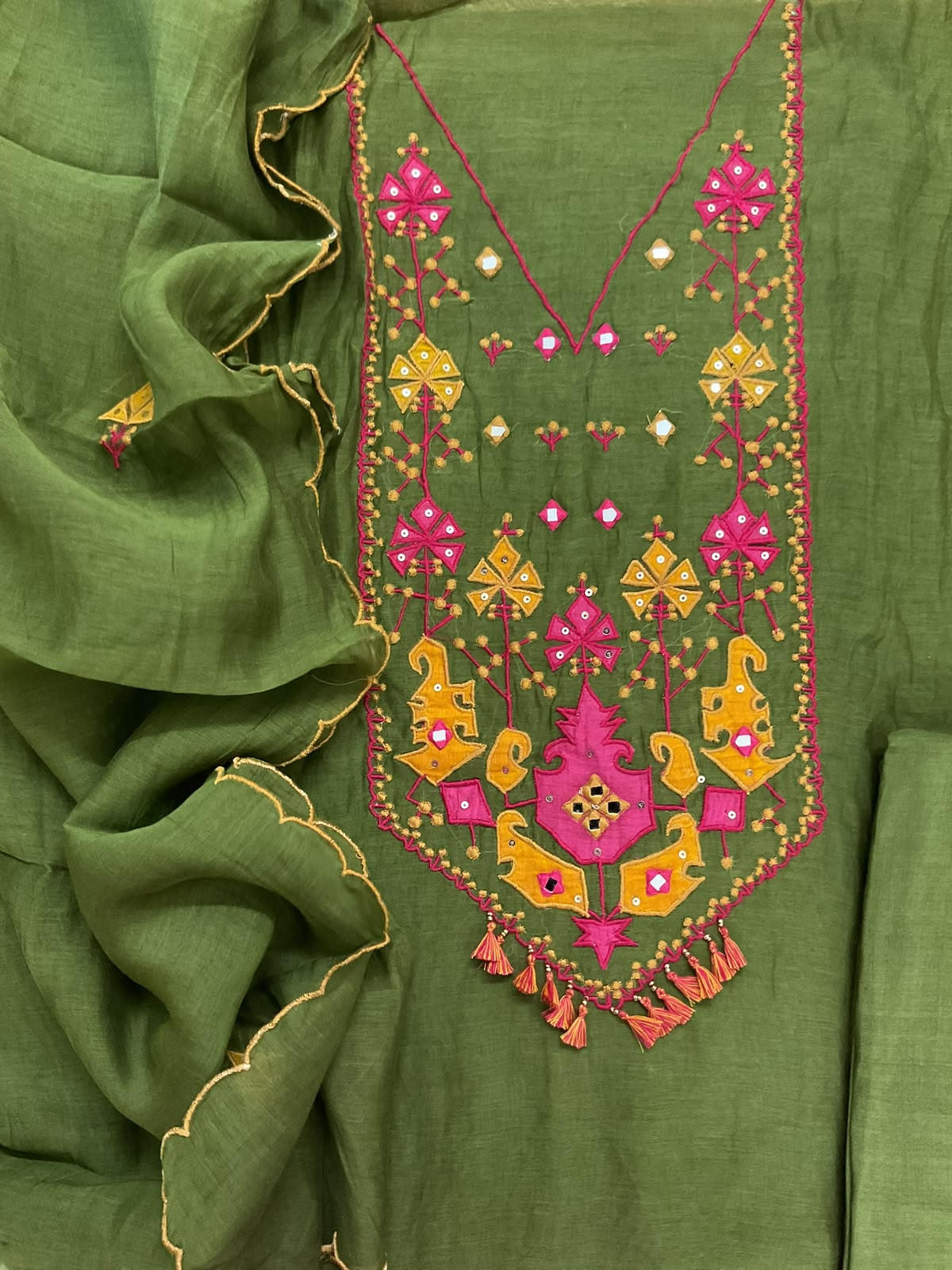 Pure Mul Chanderi Embroidered Suit - Green