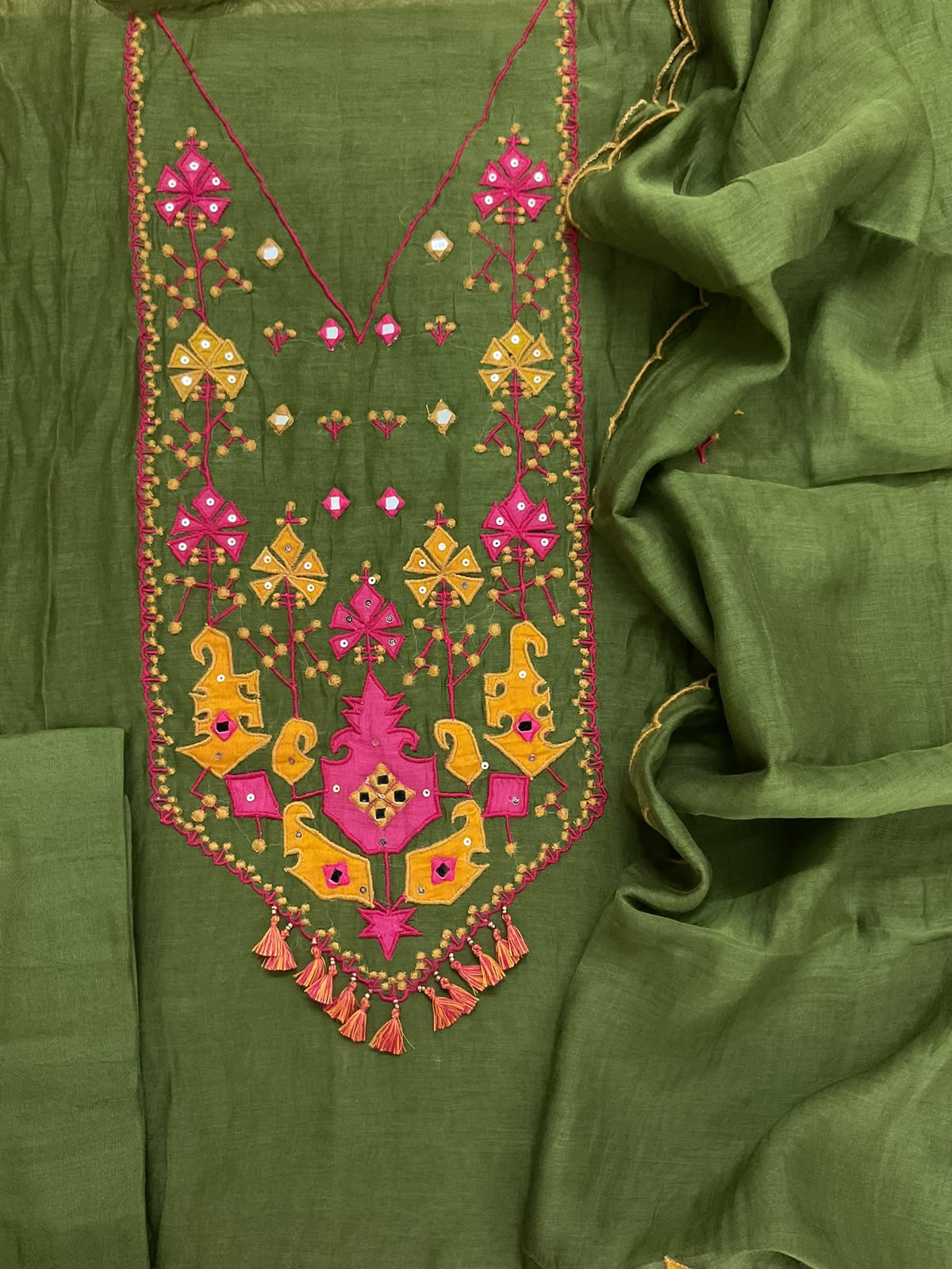 Pure Mul Chanderi Embroidered Suit - Green