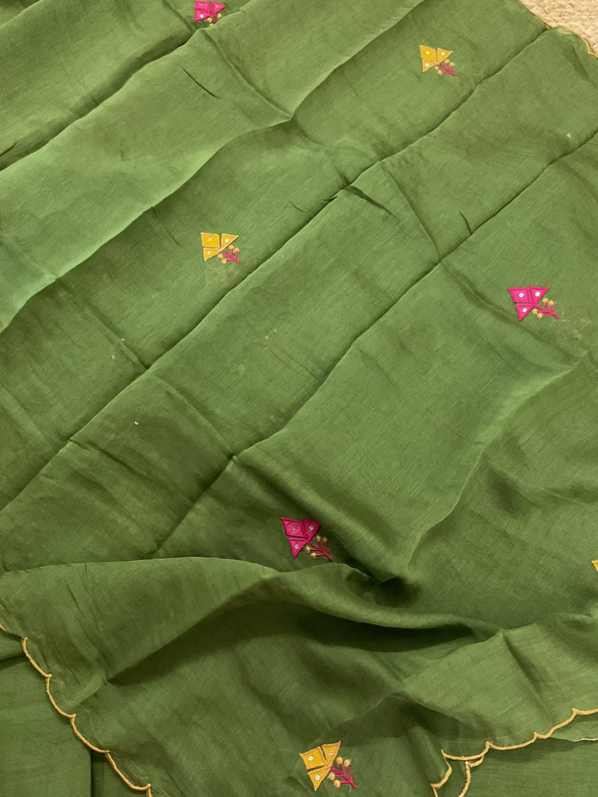 Pure Mul Chanderi Embroidered Suit - Green