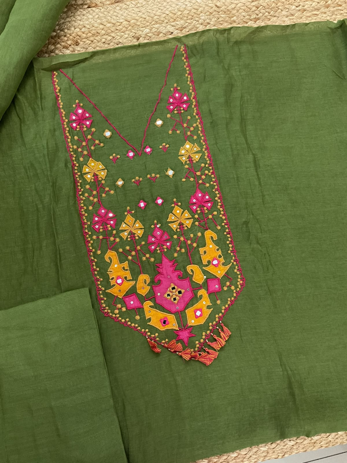 Pure Mul Chanderi Embroidered Suit - Green