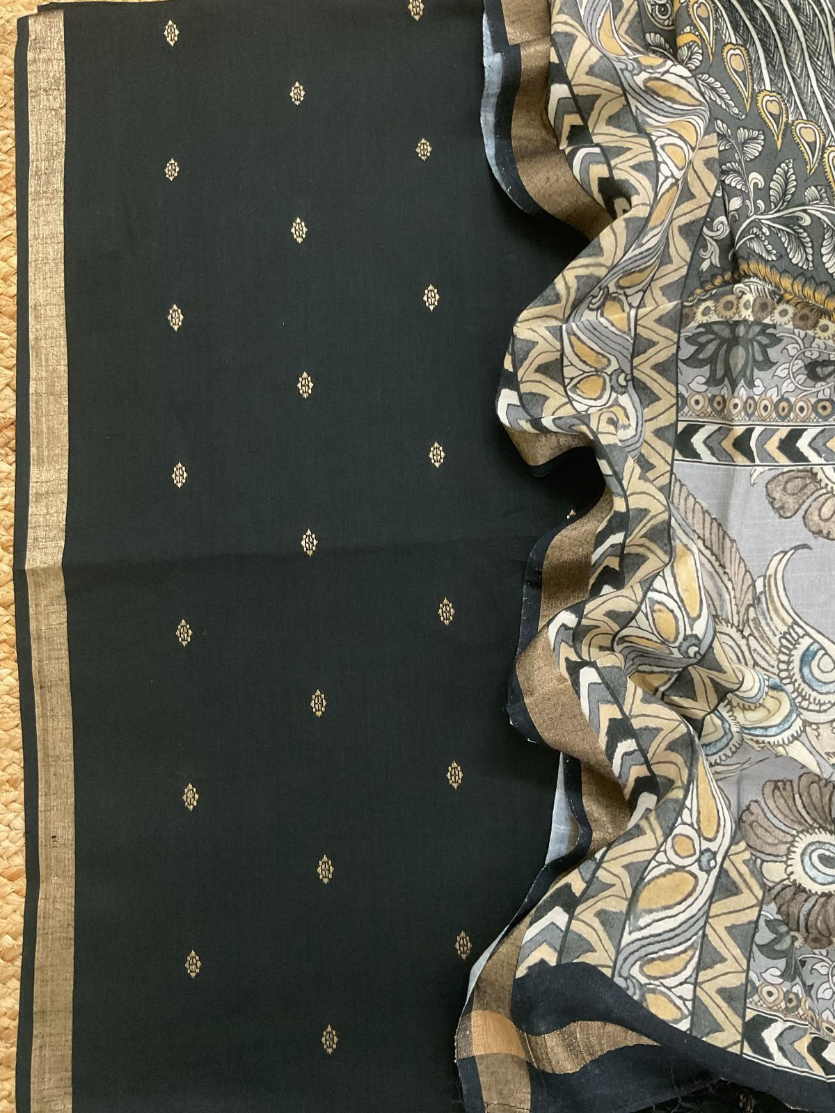 Pure Slub Cotton Printed Self Weaved Suit - Black