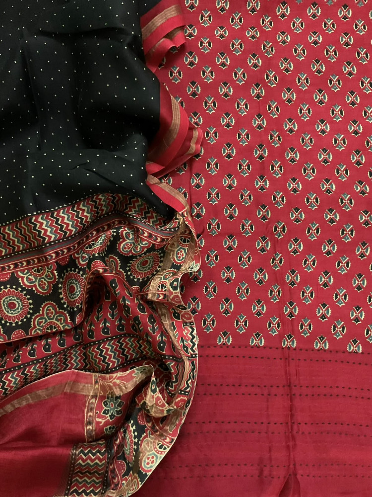 Image of Pure Mul Chanderi Printed Kantha Work Suit - Dark Red