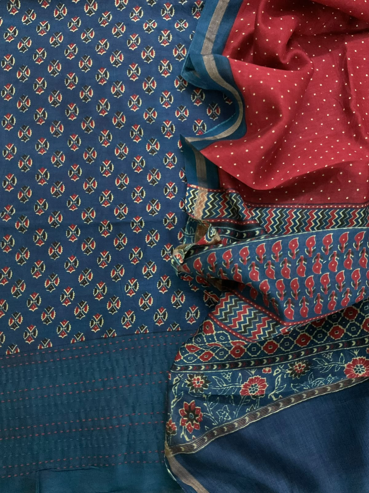 Pure Mul Chanderi Printed Kantha Work Suit - Blue