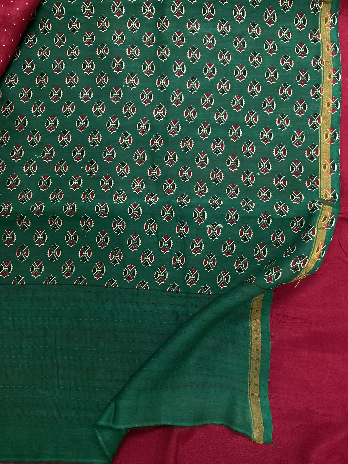 Pure Mul Chanderi Printed Kantha Work Suit - Green