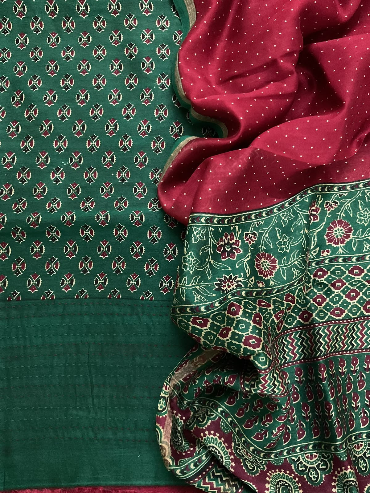 Pure Mul Chanderi Printed Kantha Work Suit - Green