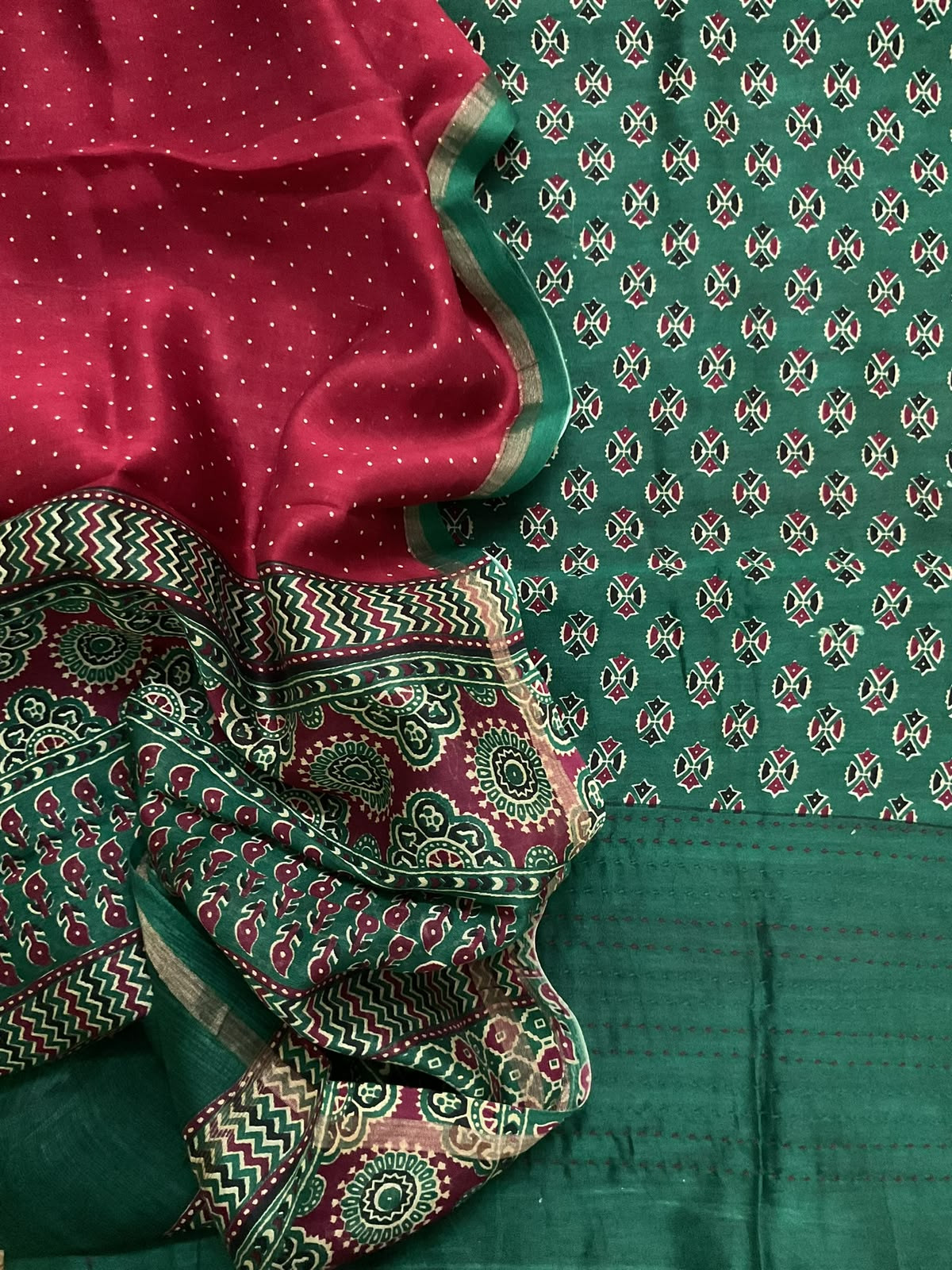 Pure Mul Chanderi Printed Kantha Work Suit - Green