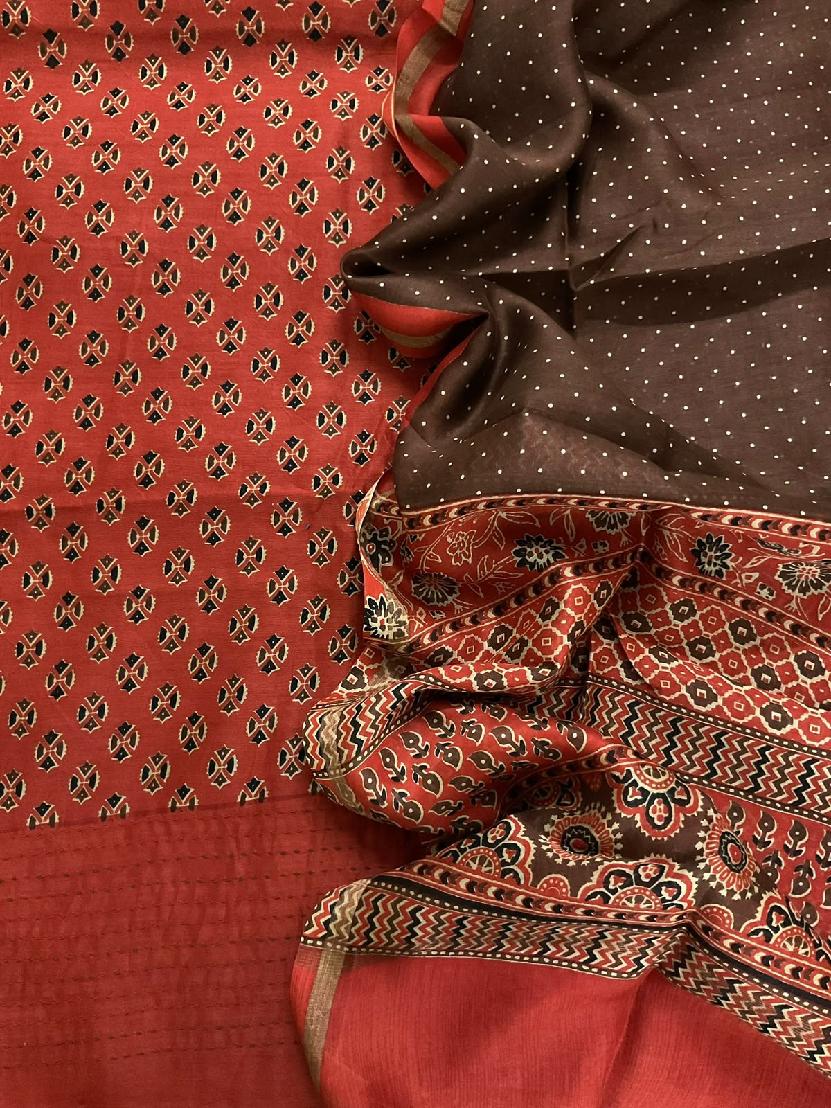 Pure Mul Chanderi Printed Kantha Work Suit - Rustic Orange