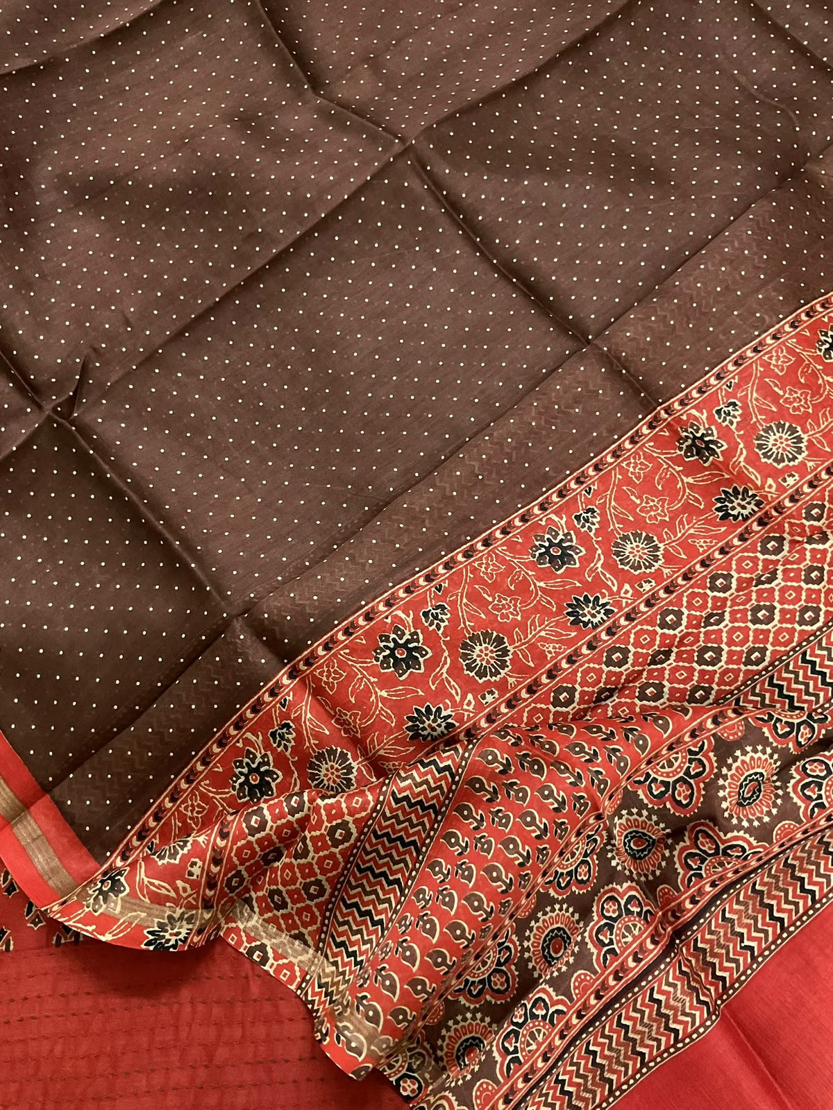Pure Mul Chanderi Printed Kantha Work Suit - Rustic Orange