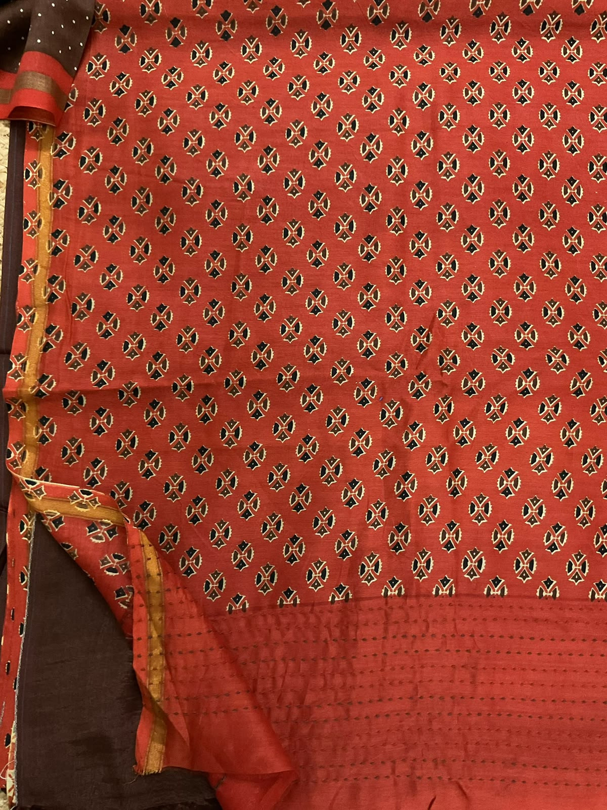 Pure Mul Chanderi Printed Kantha Work Suit - Rustic Orange