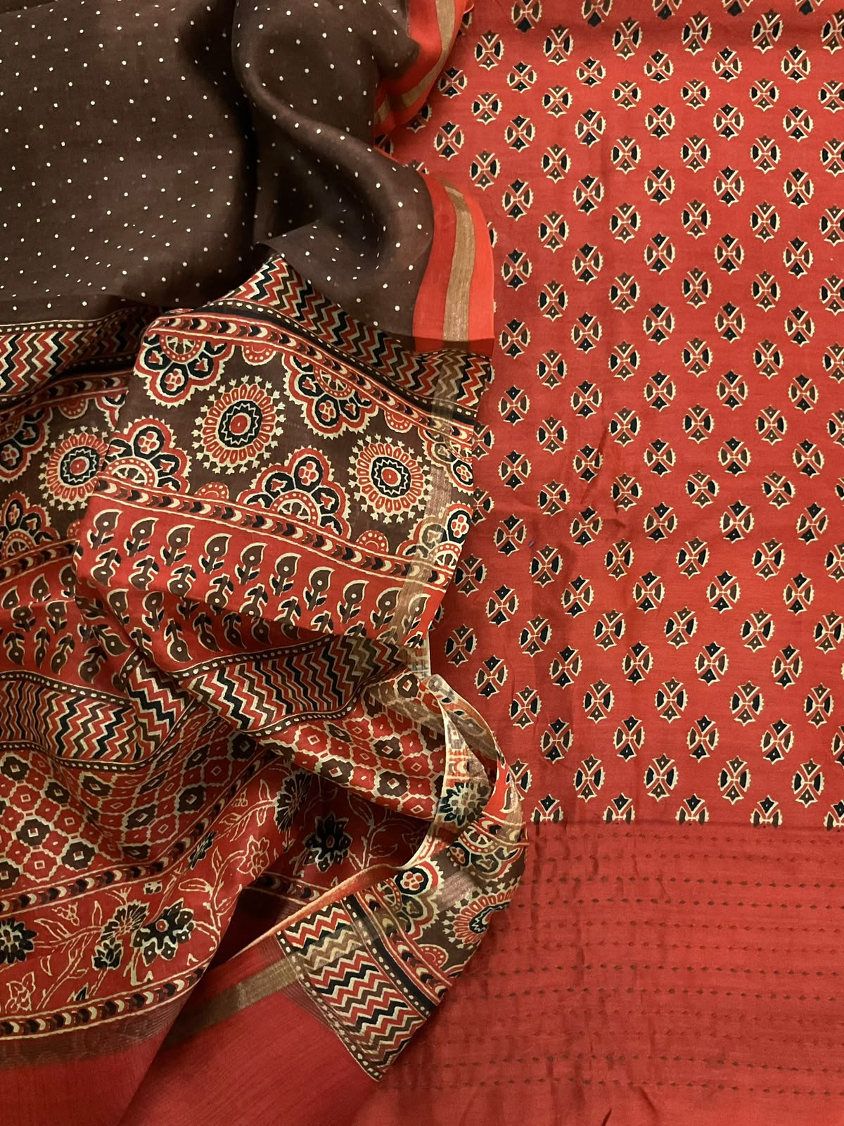 Pure Mul Chanderi Printed Kantha Work Suit - Rustic Orange