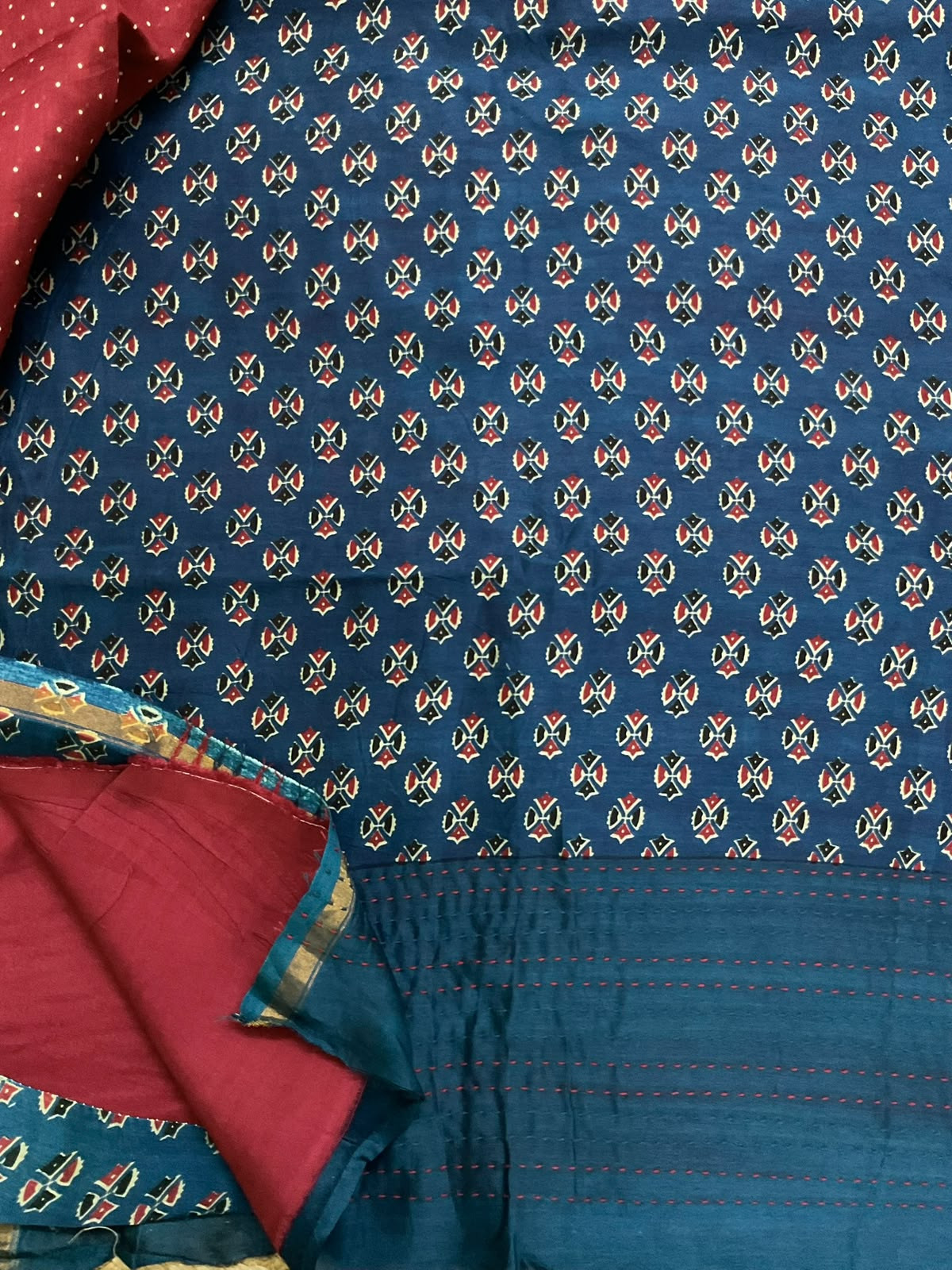 Pure Mul Chanderi Printed Kantha Work Suit - Blue