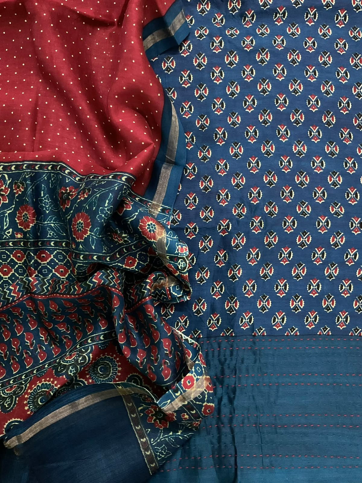 Pure Mul Chanderi Printed Kantha Work Suit - Blue