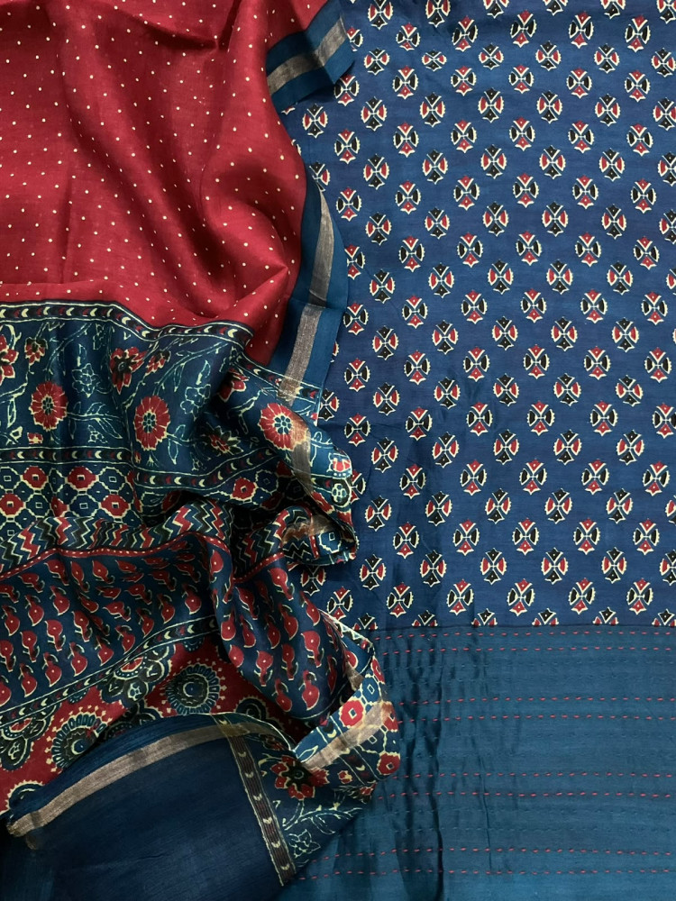 Image of Pure Mul Chanderi Printed Kantha Work Suit - Blue