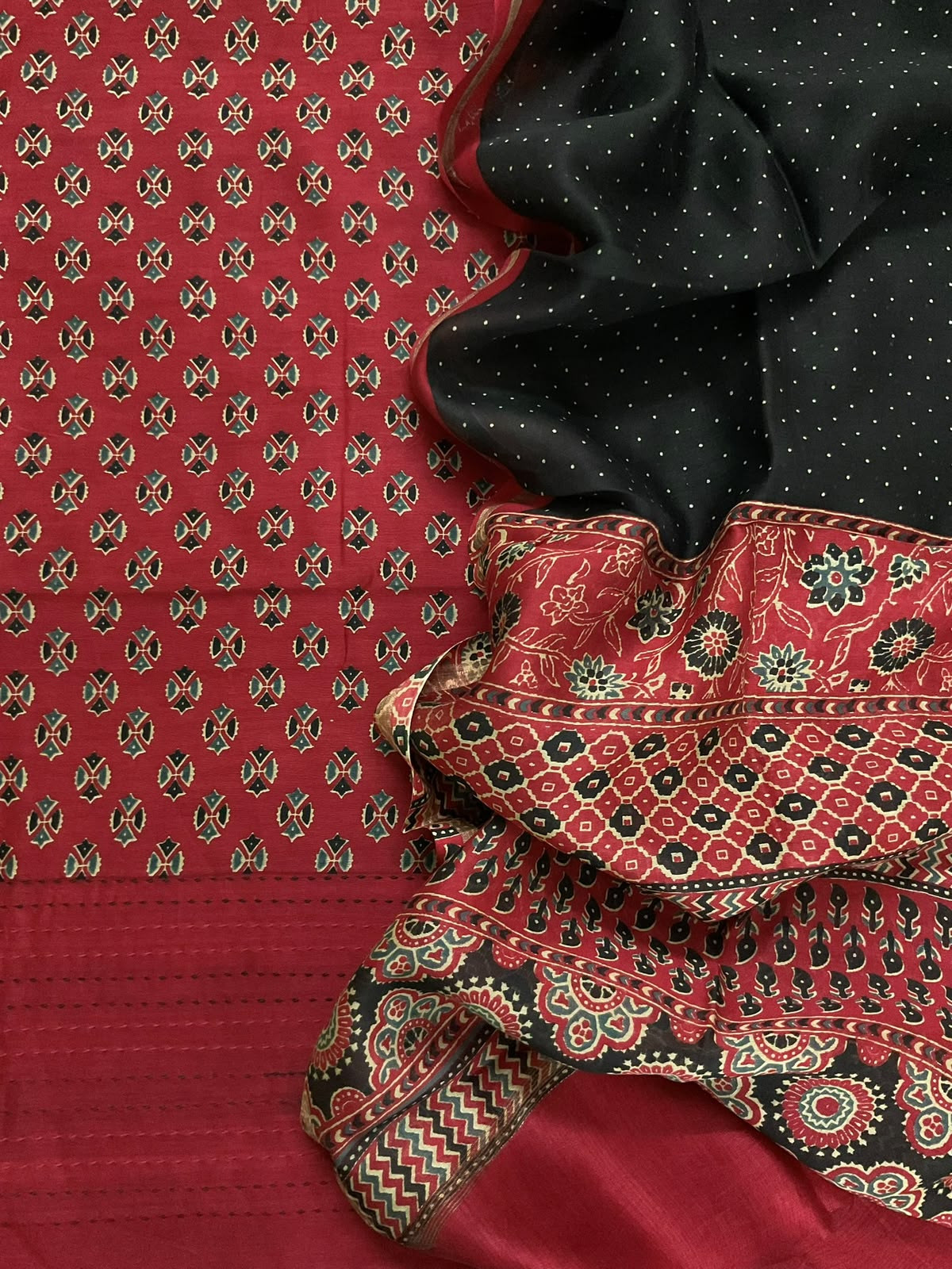 Pure Mul Chanderi Printed Kantha Work Suit - Dark Red
