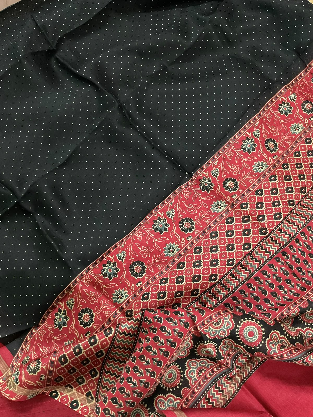 Pure Mul Chanderi Printed Kantha Work Suit - Dark Red