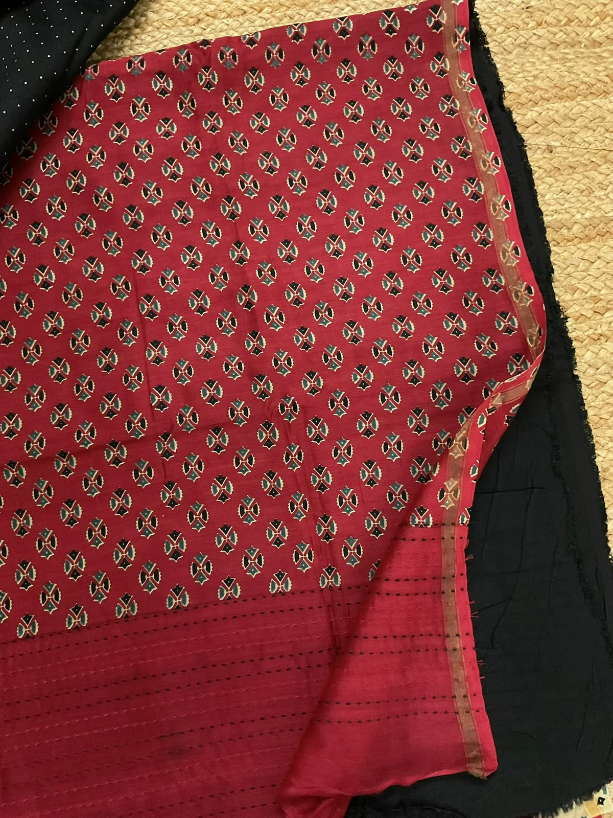 Pure Mul Chanderi Printed Kantha Work Suit - Dark Red