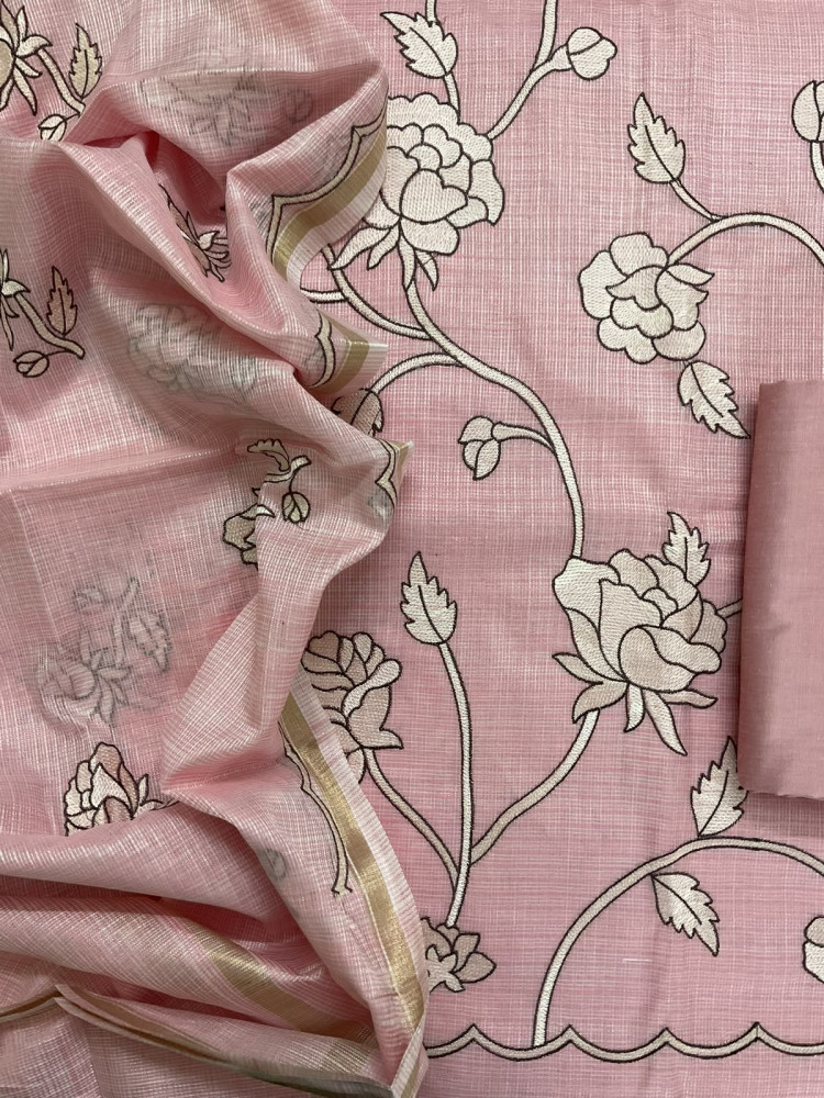 Image of Soft Jute Kota Silk Embroidered Suit - Pink