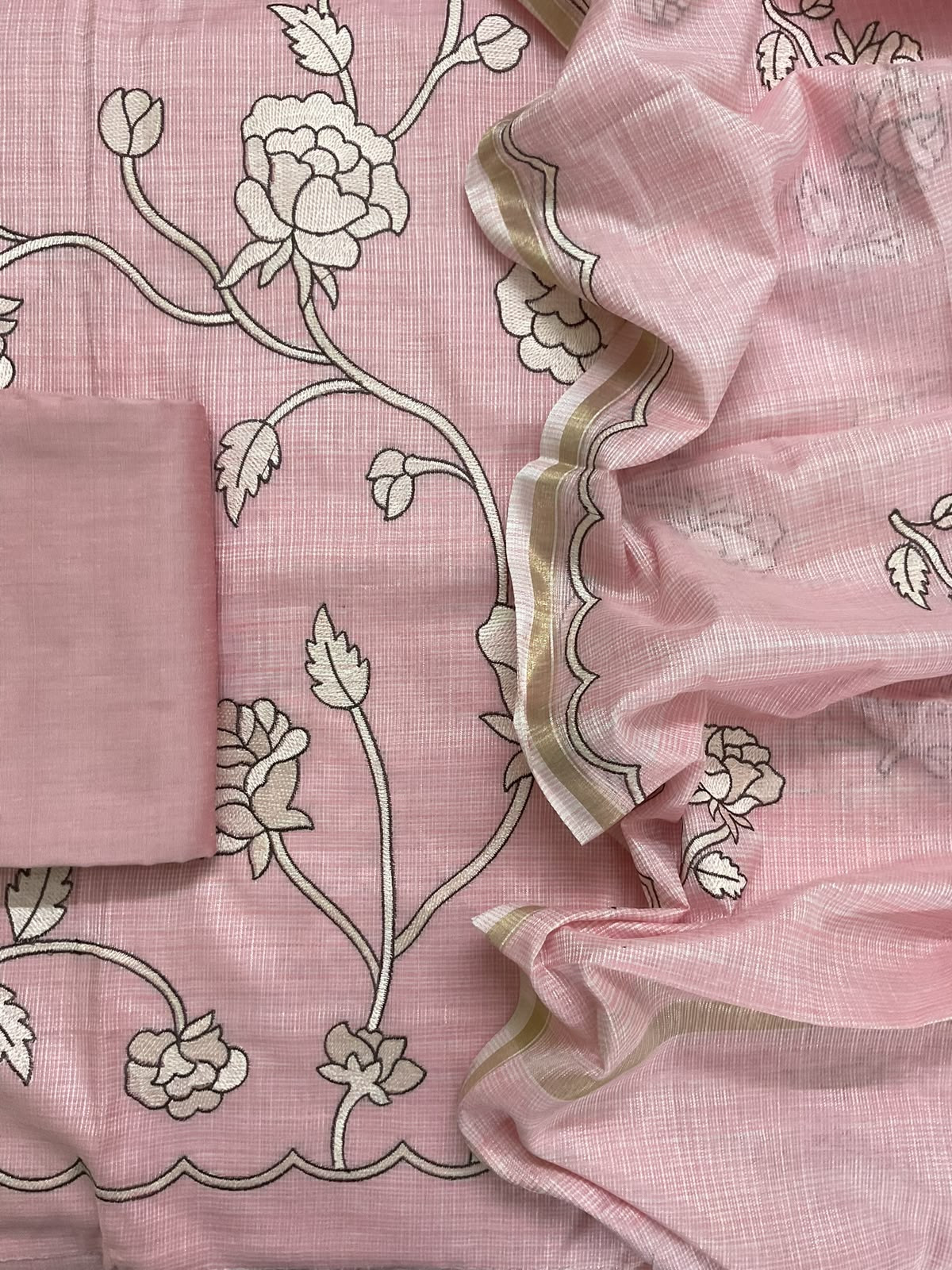 Soft Jute Kota Silk Embroidered Suit - Pink