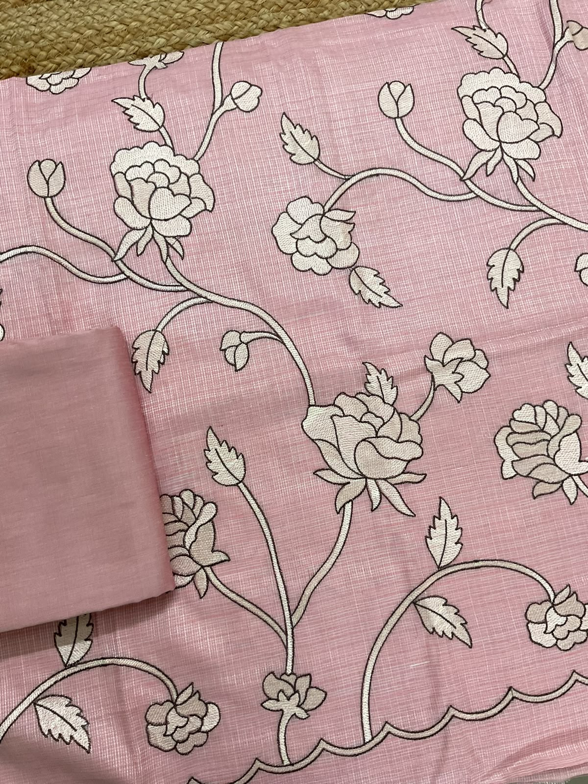 Soft Jute Kota Silk Embroidered Suit - Pink