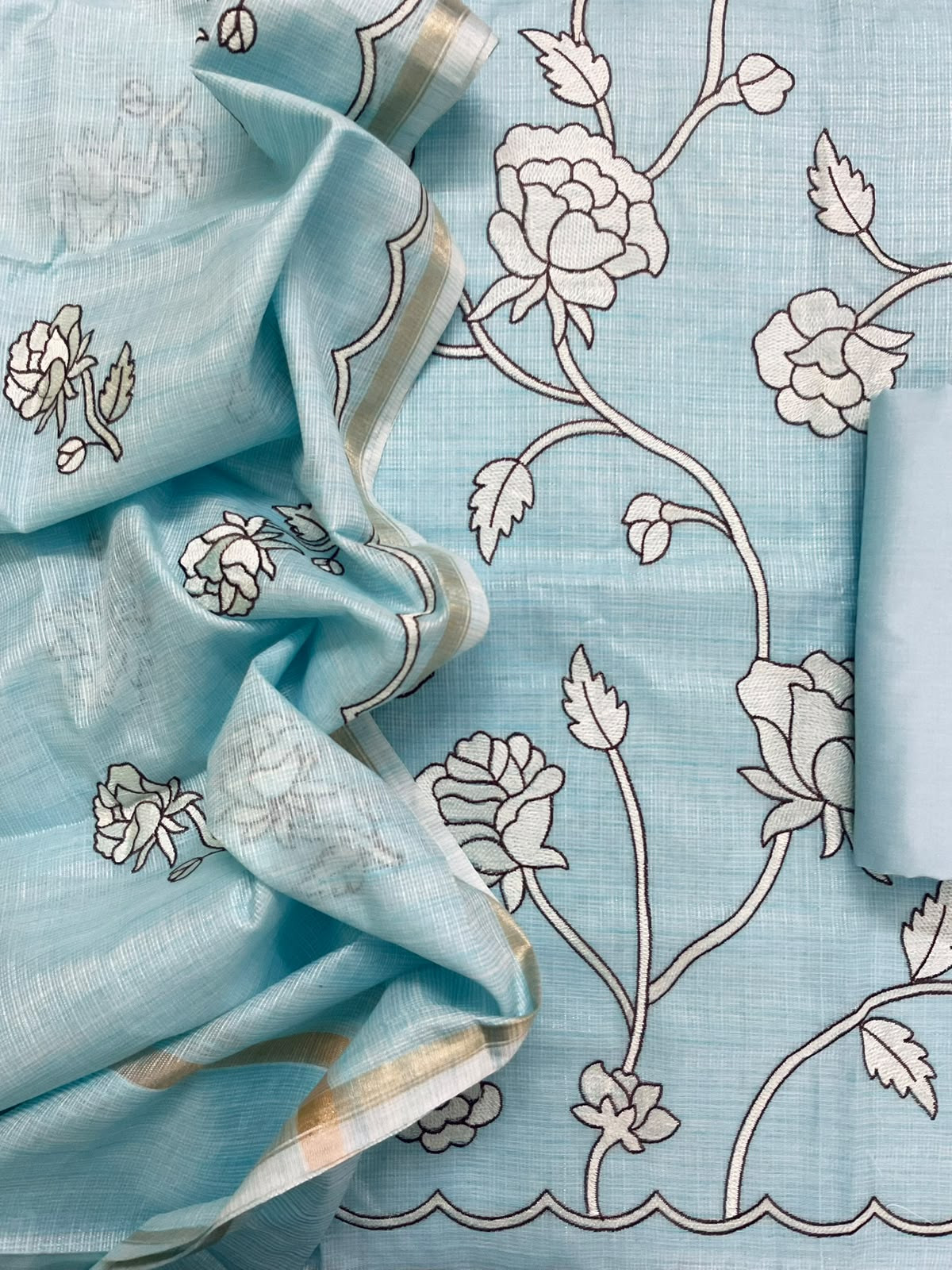 Soft Jute Kota Silk Embroidered Suit - Blue
