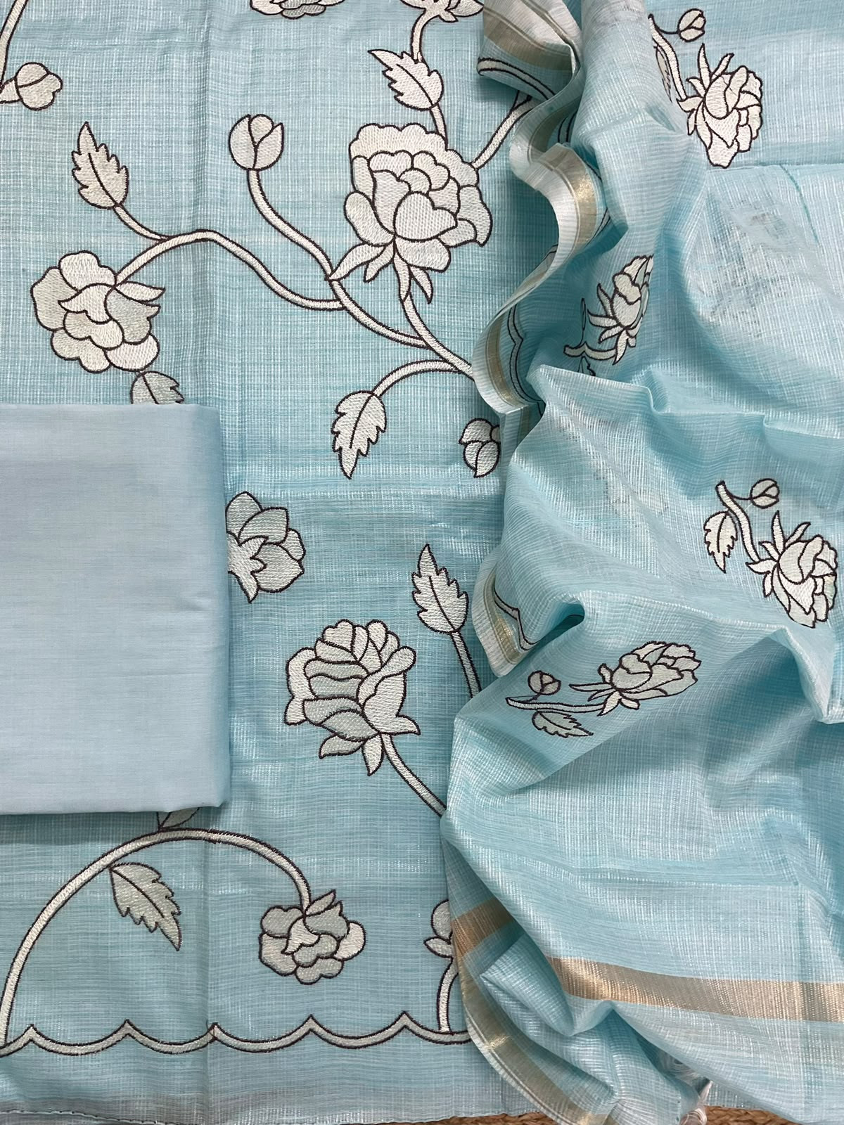 Soft Jute Kota Silk Embroidered Suit - Blue