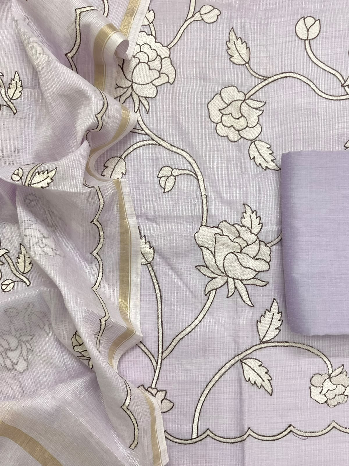 Soft Jute Kota Silk Embroidered Suit - Lavender