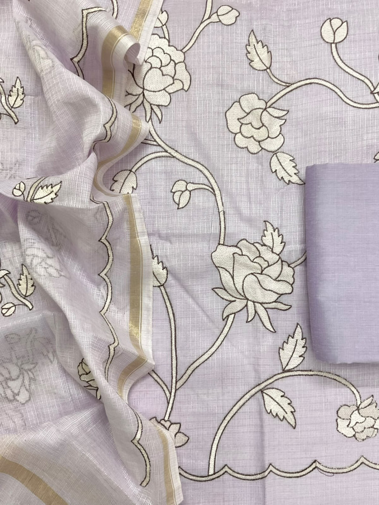 Image of Soft Jute Kota Silk Embroidered Suit - Lavender