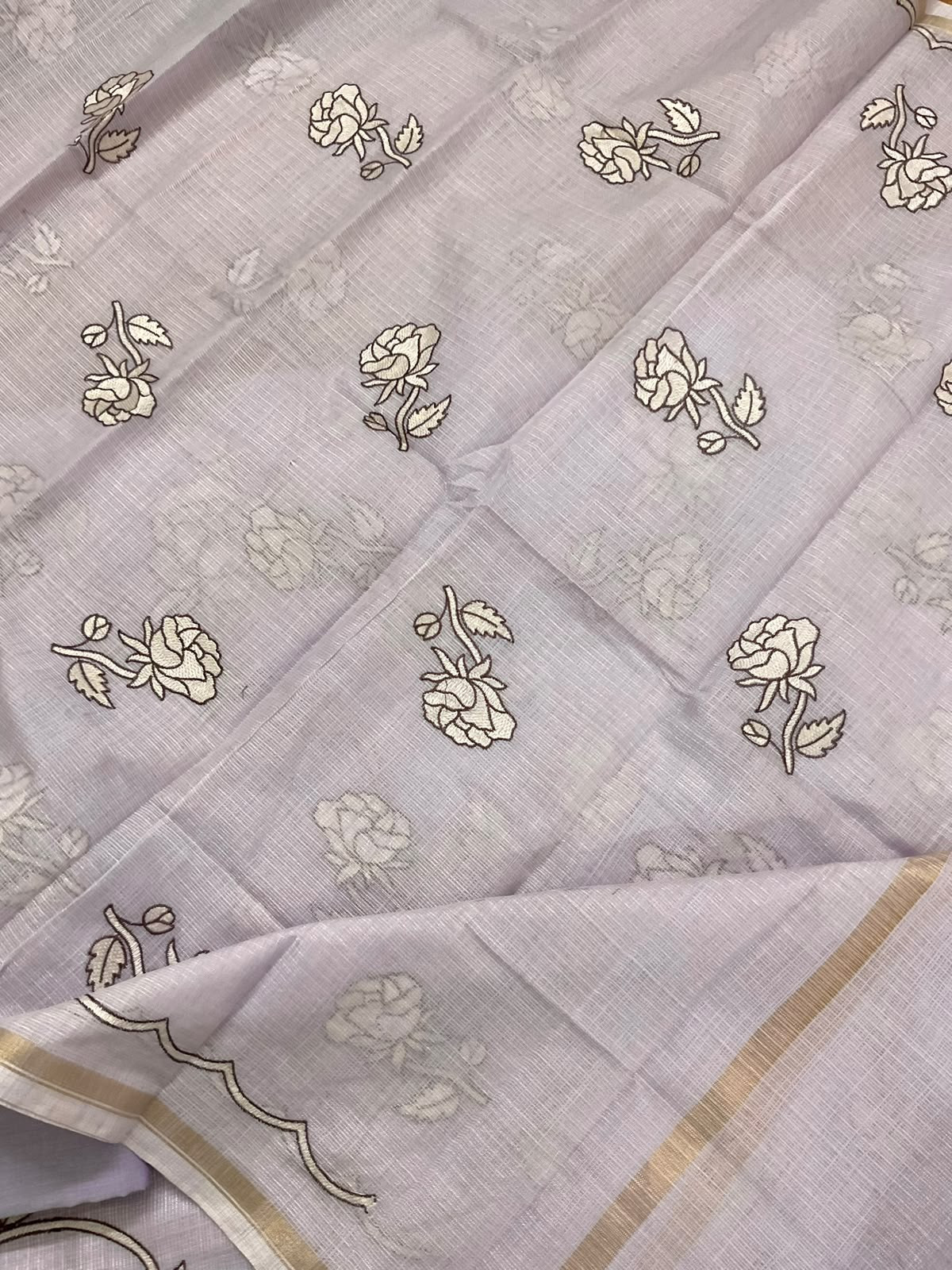 Soft Jute Kota Silk Embroidered Suit - Lavender